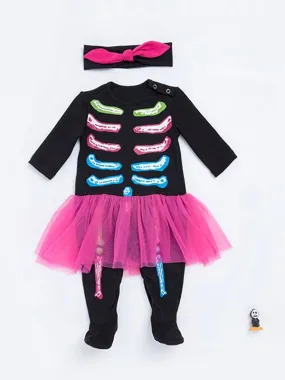 2-piece Halloween Skeleton Dress-like Jumpsuit Headband Set