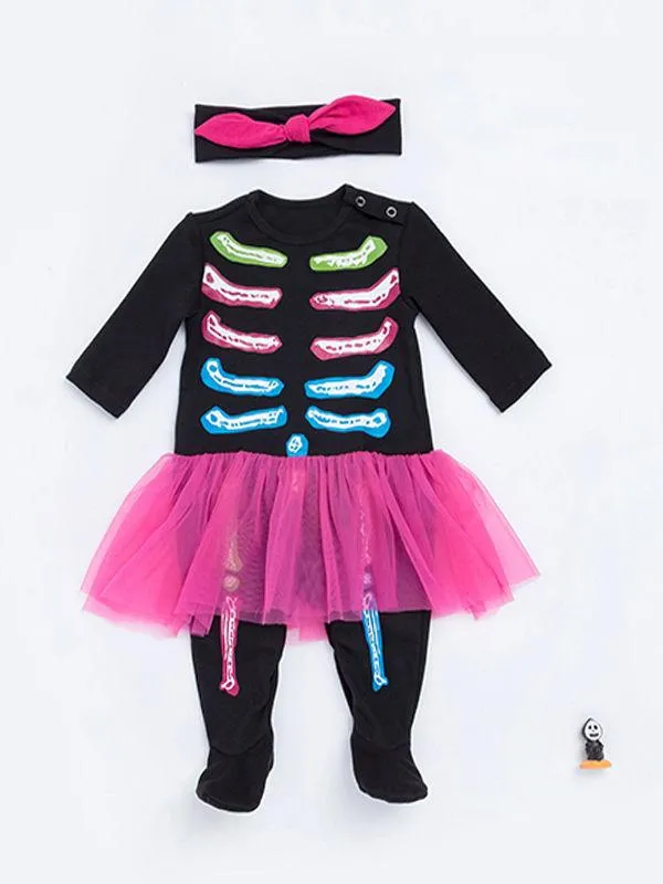 2-piece Halloween Skeleton Dress-like Jumpsuit Headband Set