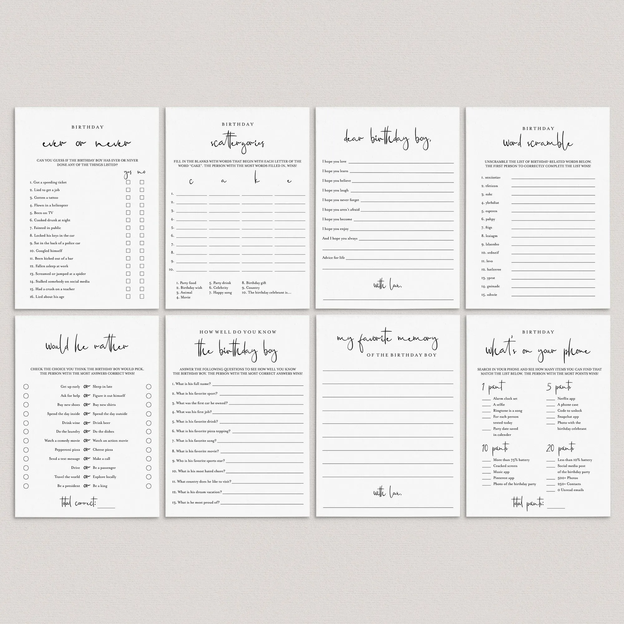 8 Adult Birthday Games for Him Printable