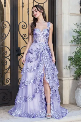 AD 3174 - Sequin Embellished A-Line Prom Gown with Sheer Boned Corset Bodice Layered Ruffle Open Lace Up Back & Leg Slit Skirt