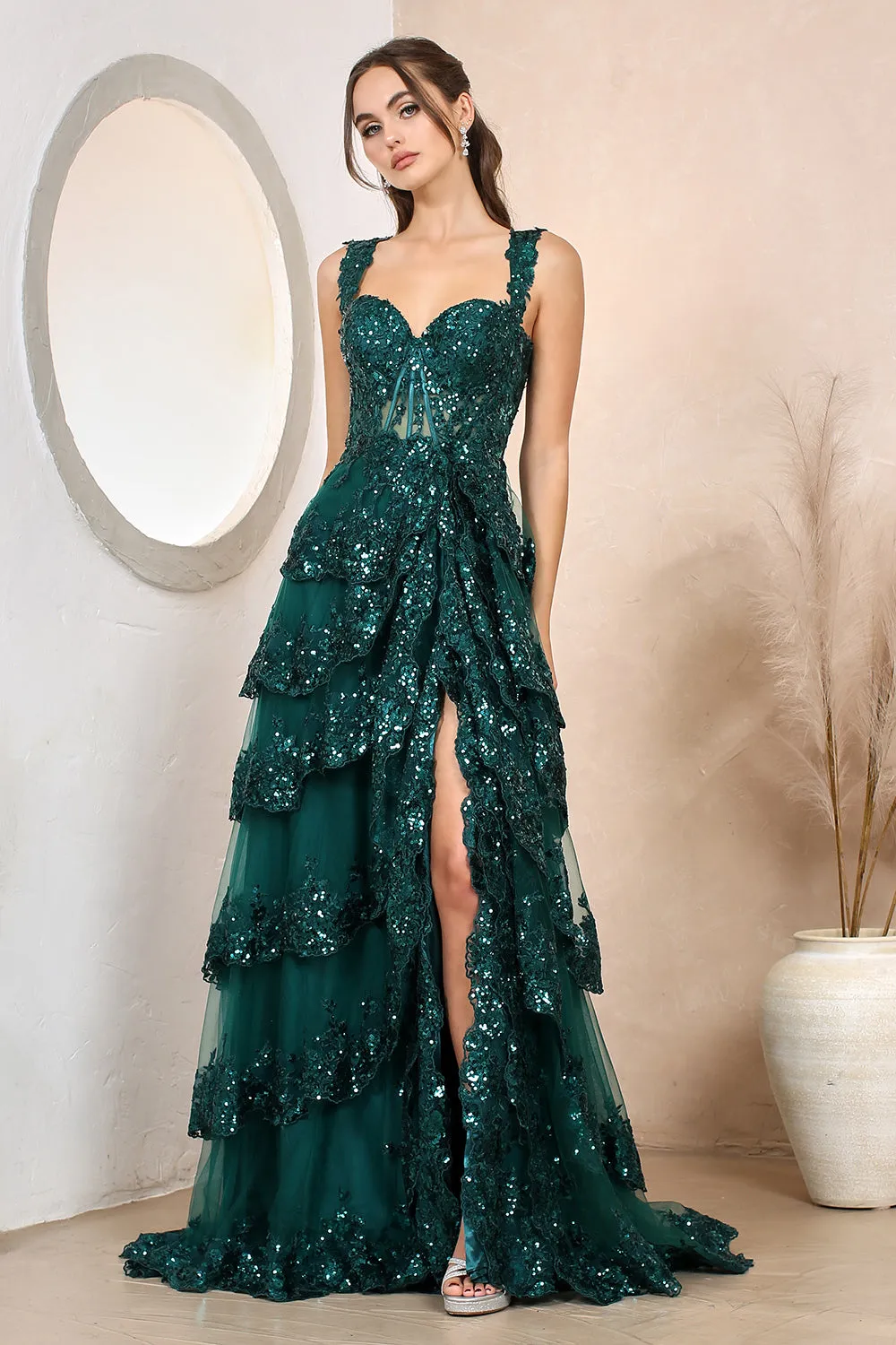 AD 3174 - Sequin Embellished A-Line Prom Gown with Sheer Boned Corset Bodice Layered Ruffle Open Lace Up Back & Leg Slit Skirt