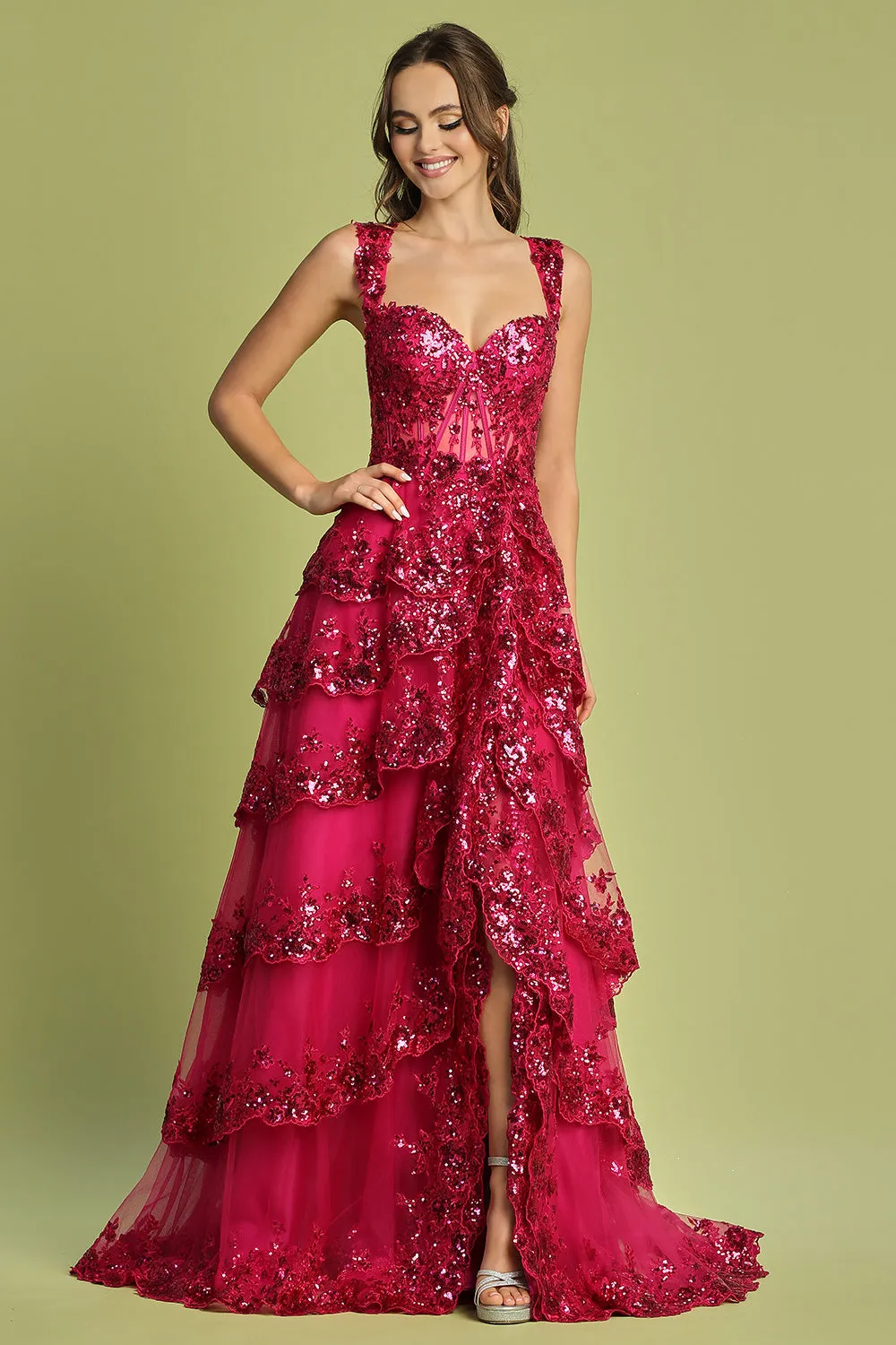 AD 3174 - Sequin Embellished A-Line Prom Gown with Sheer Boned Corset Bodice Layered Ruffle Open Lace Up Back & Leg Slit Skirt