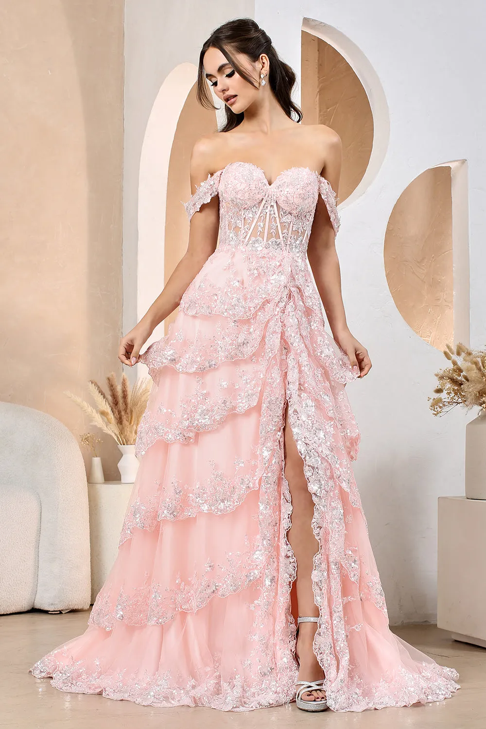 AD 3174 - Sequin Embellished A-Line Prom Gown with Sheer Boned Corset Bodice Layered Ruffle Open Lace Up Back & Leg Slit Skirt
