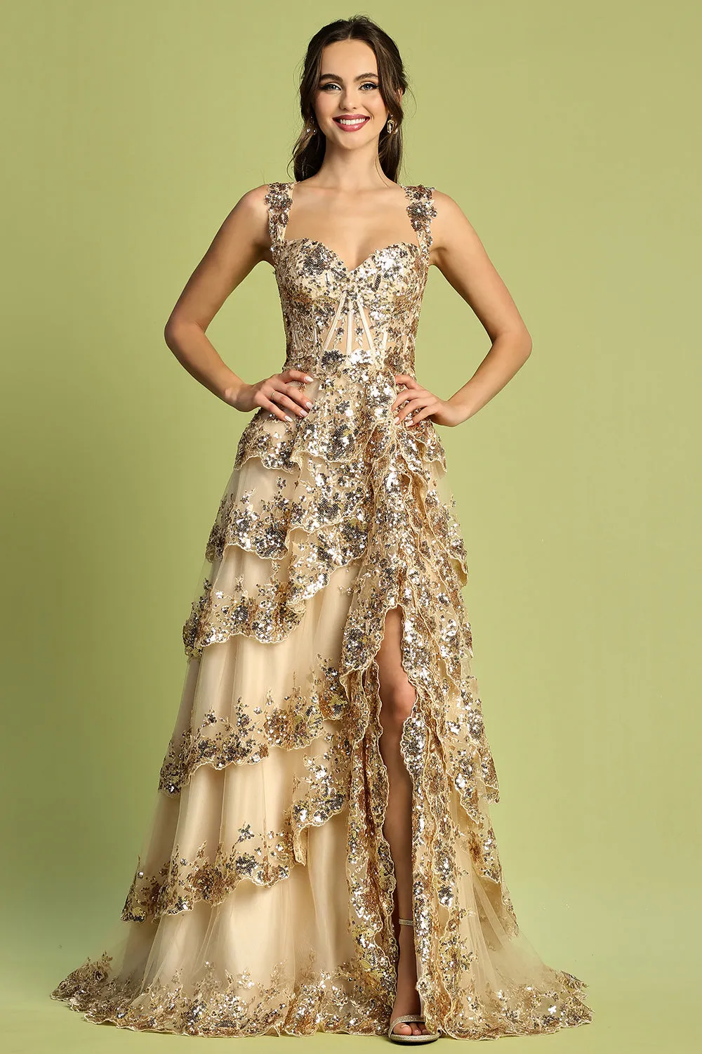 AD 3174 - Sequin Embellished A-Line Prom Gown with Sheer Boned Corset Bodice Layered Ruffle Open Lace Up Back & Leg Slit Skirt
