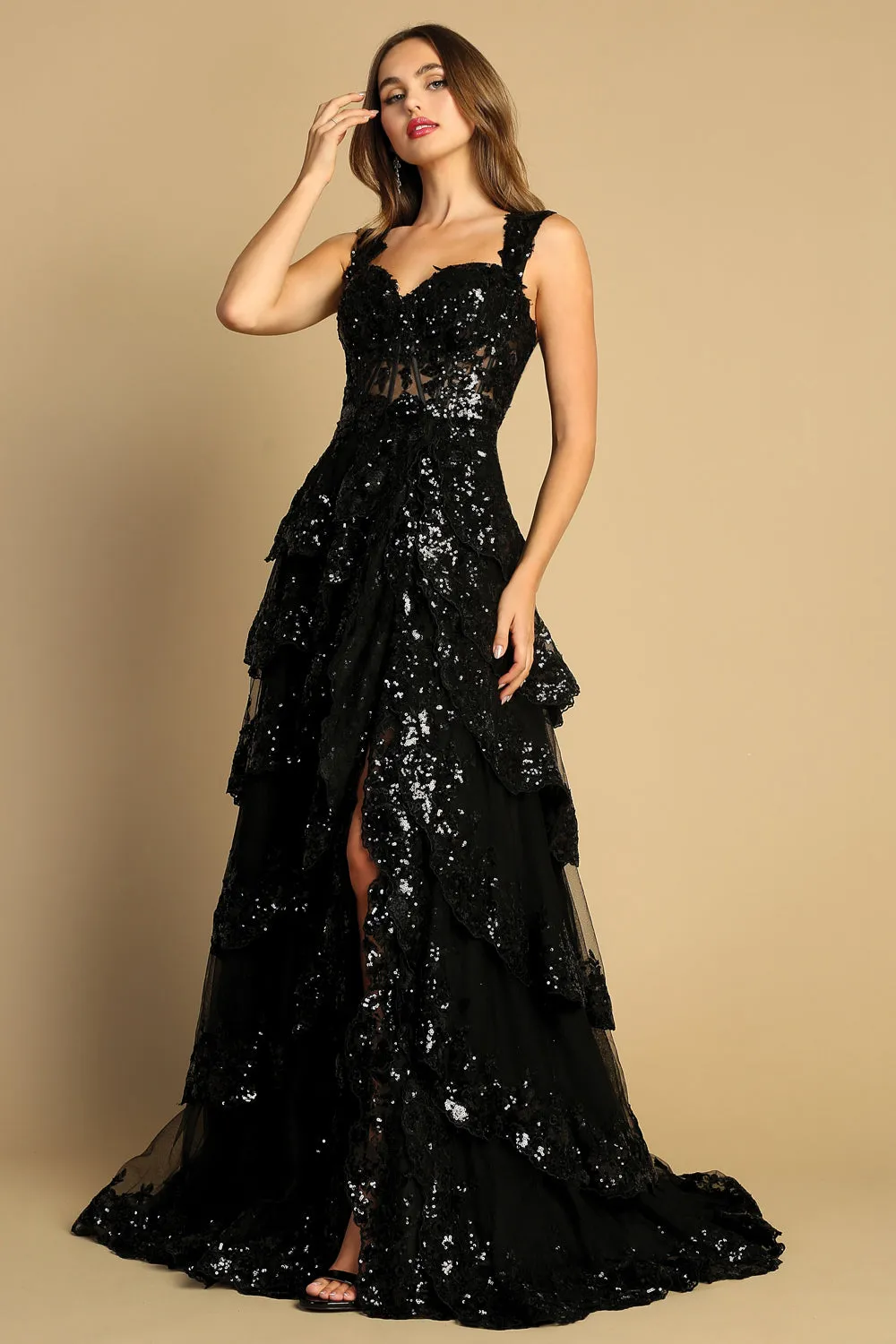 AD 3174 - Sequin Embellished A-Line Prom Gown with Sheer Boned Corset Bodice Layered Ruffle Open Lace Up Back & Leg Slit Skirt