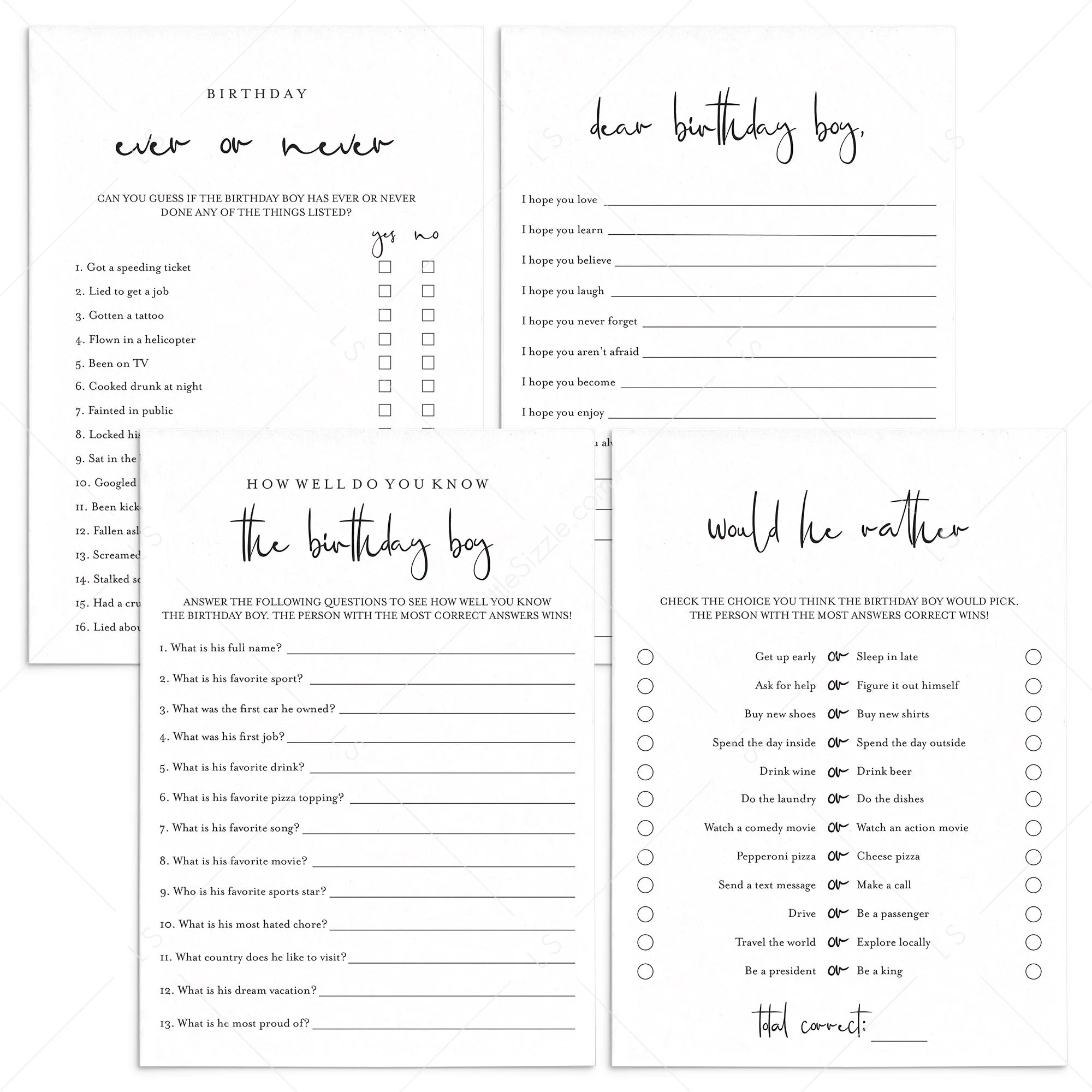 Adult Men Birthday Party Games Bundle Printable