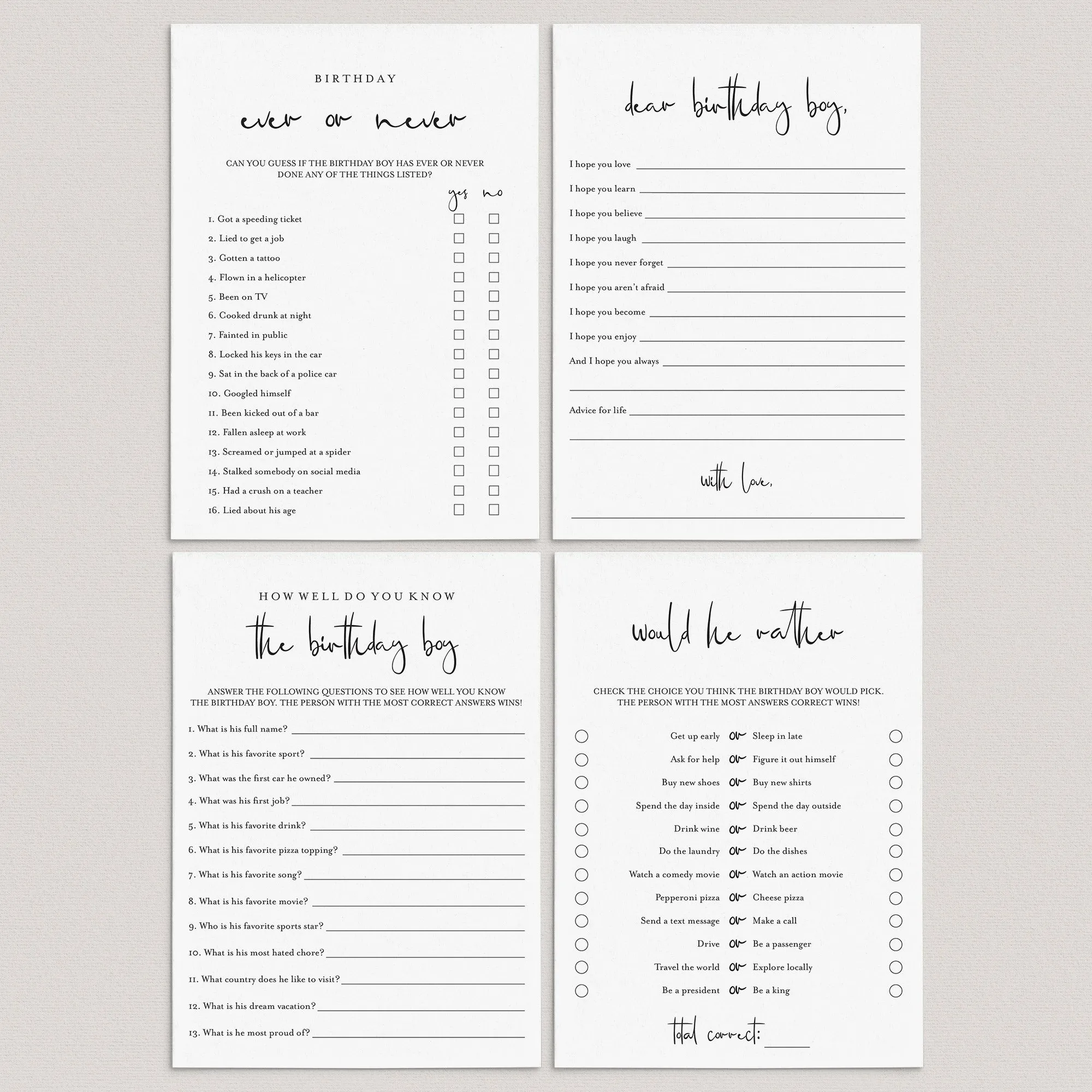 Adult Men Birthday Party Games Bundle Printable