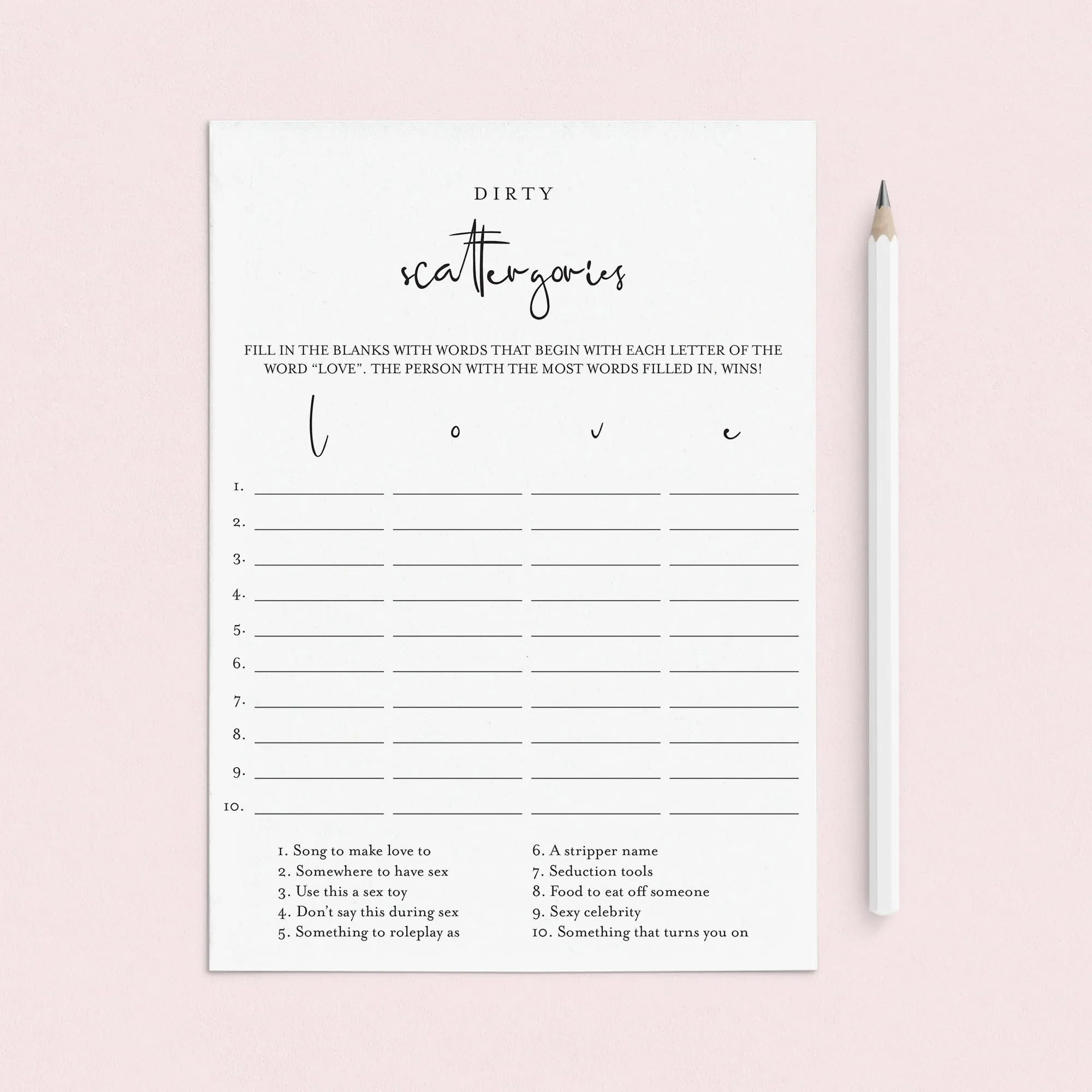 Adult Party Game Dirty Scattergories Printable