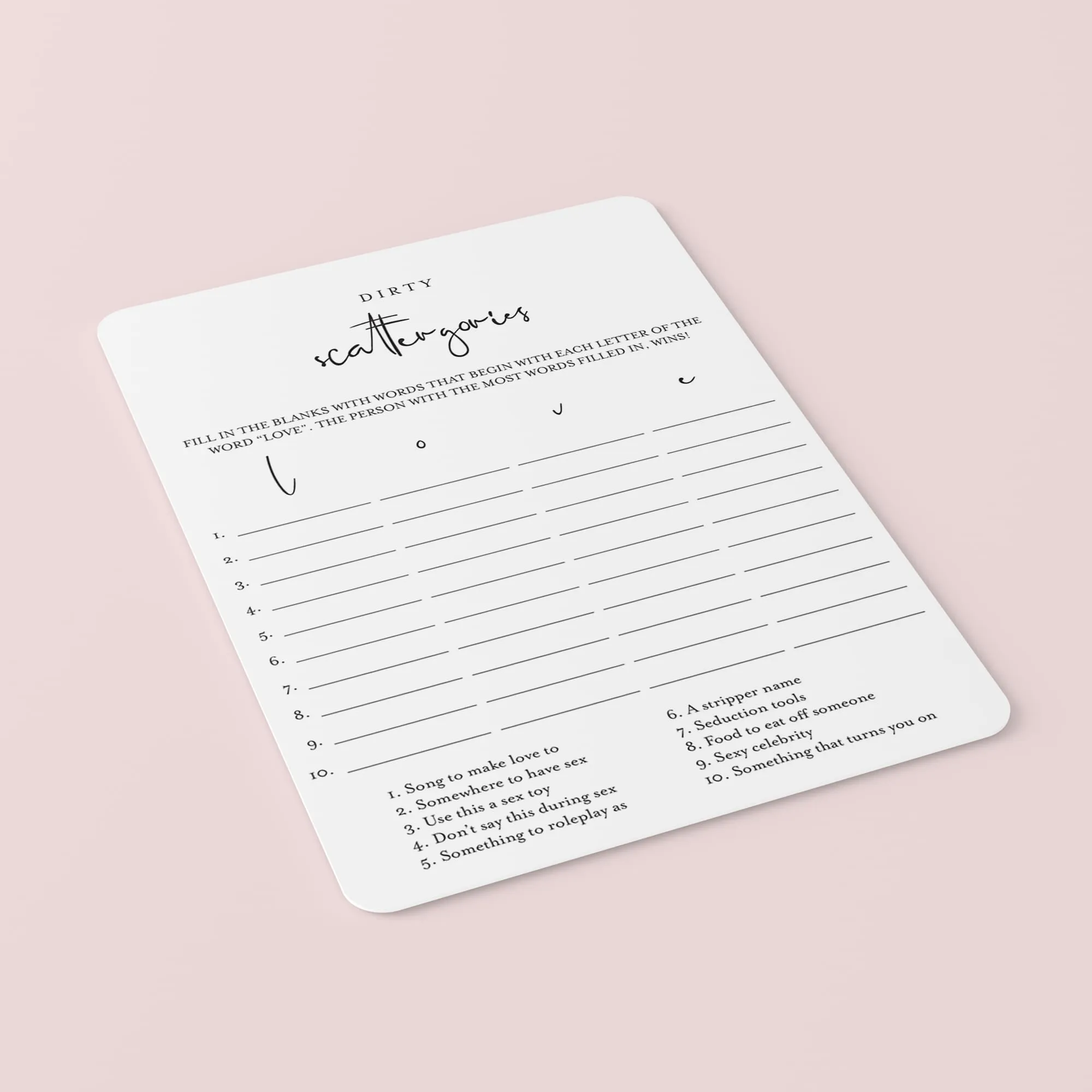 Adult Party Game Dirty Scattergories Printable