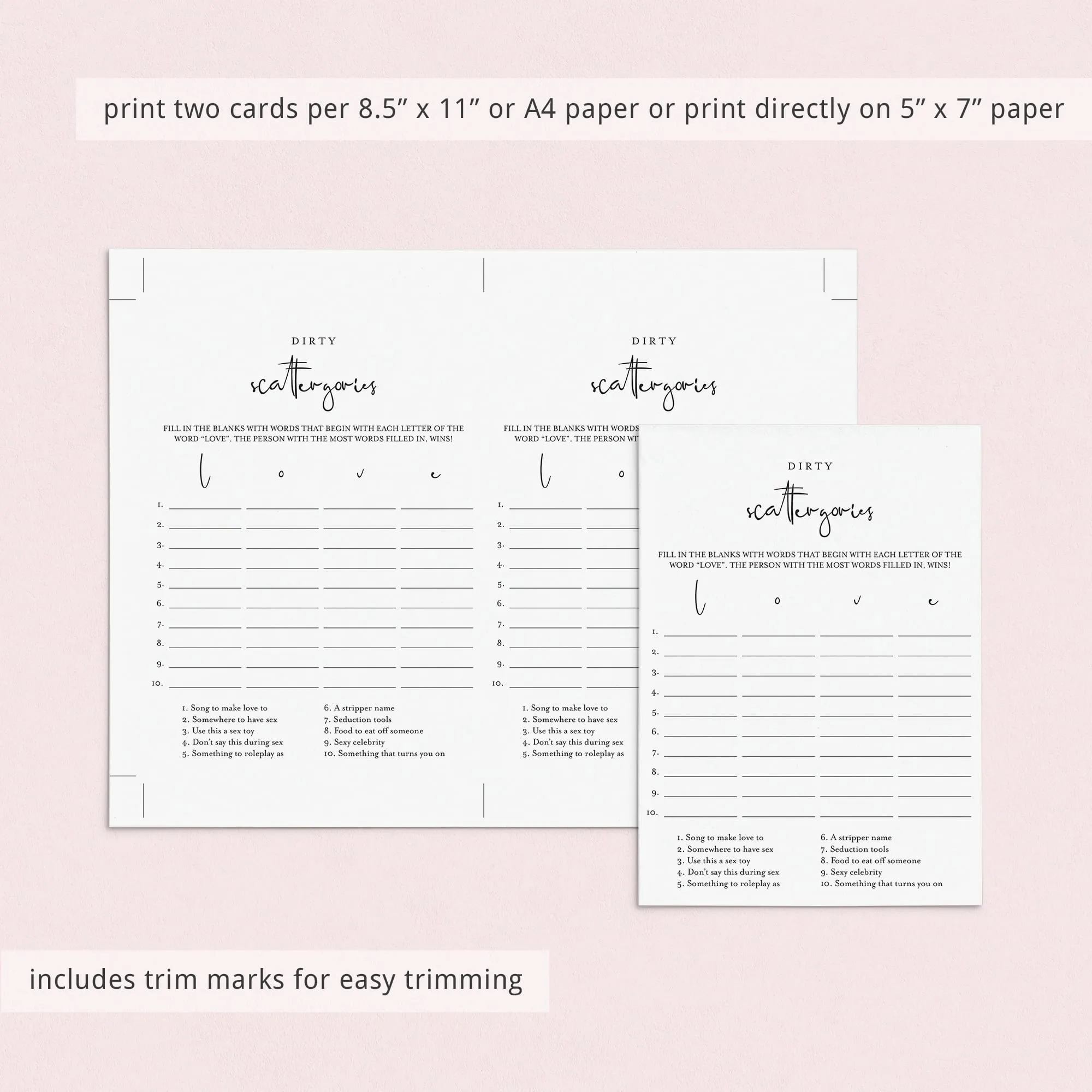Adult Party Game Dirty Scattergories Printable