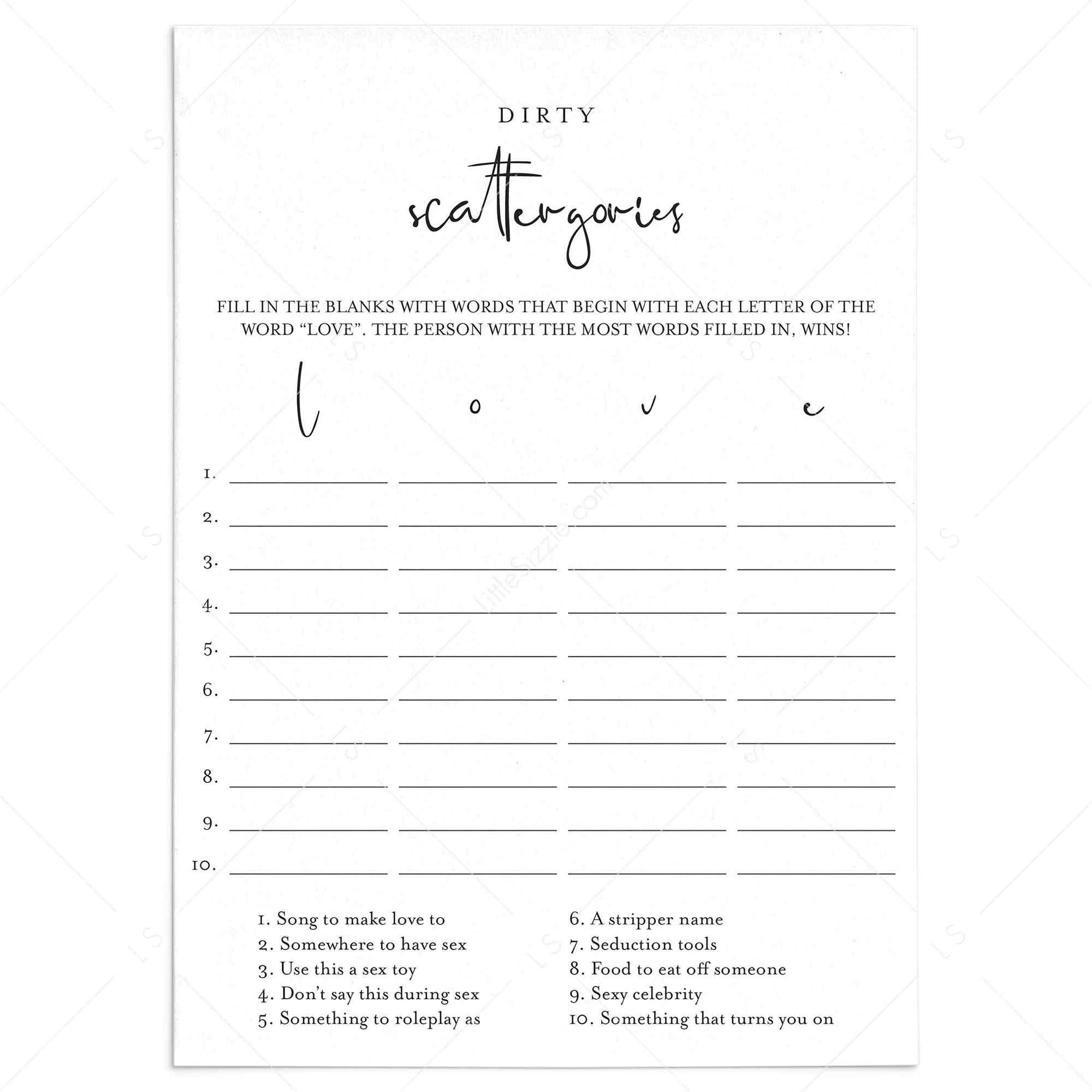 Adult Party Game Dirty Scattergories Printable