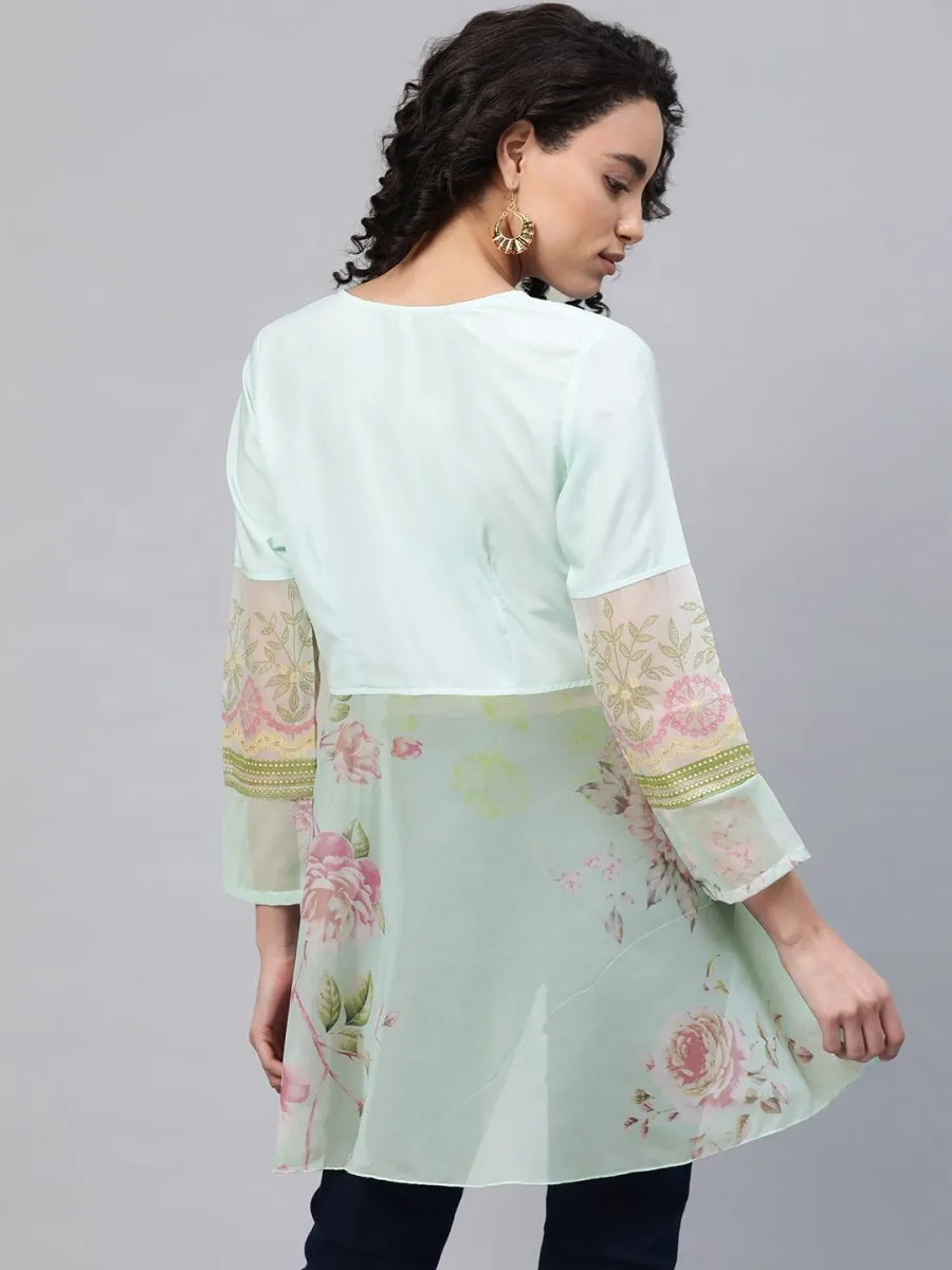 Ahalyaa Women Sea Green & Pink Floral Print Semi-Sheer Angrakha Tunic