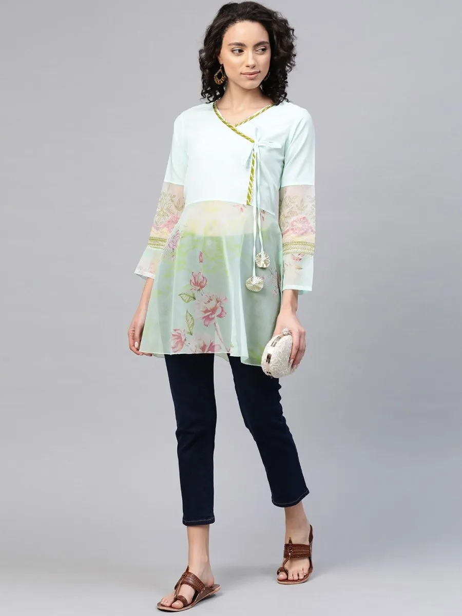 Ahalyaa Women Sea Green & Pink Floral Print Semi-Sheer Angrakha Tunic
