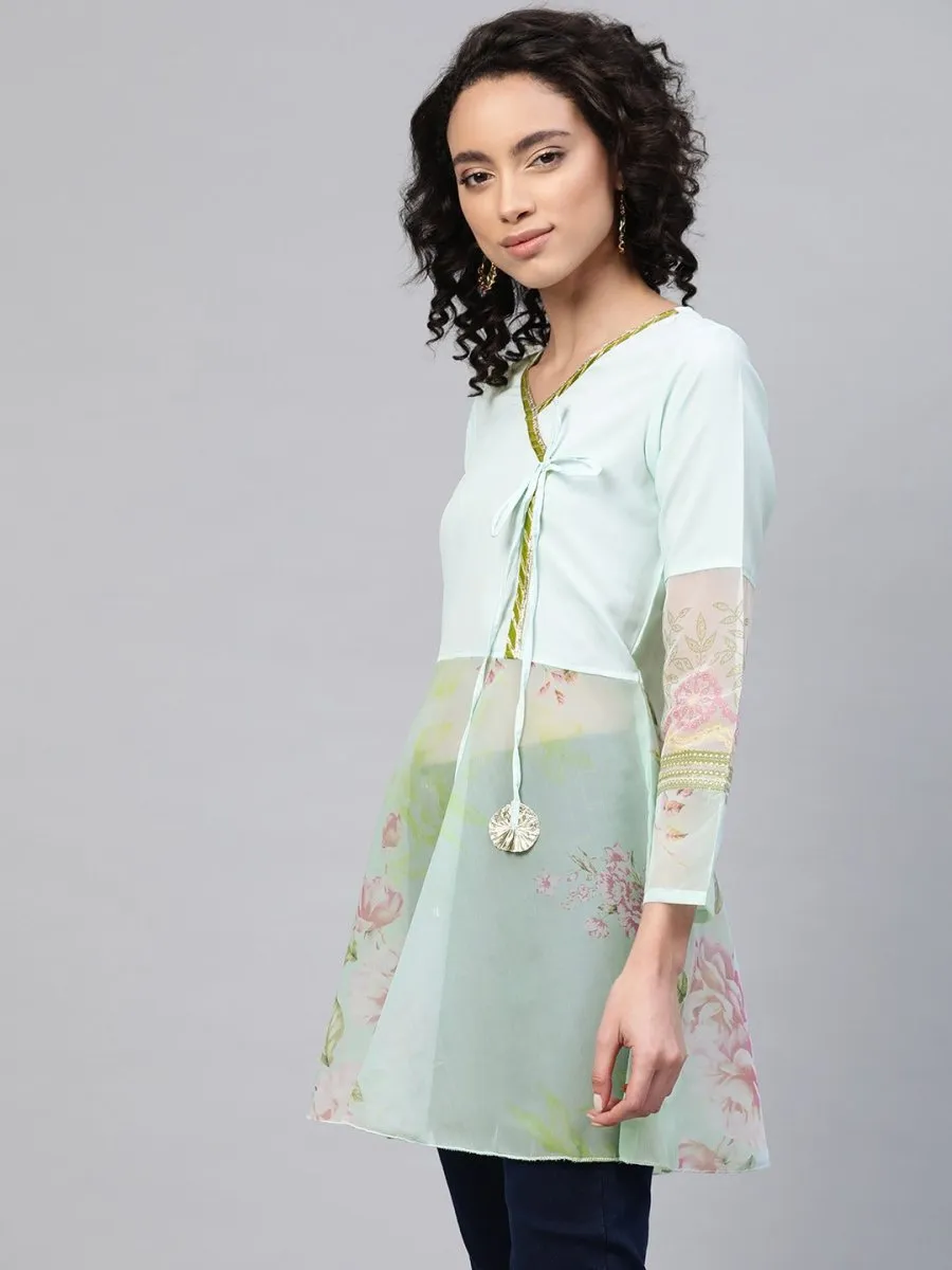 Ahalyaa Women Sea Green & Pink Floral Print Semi-Sheer Angrakha Tunic