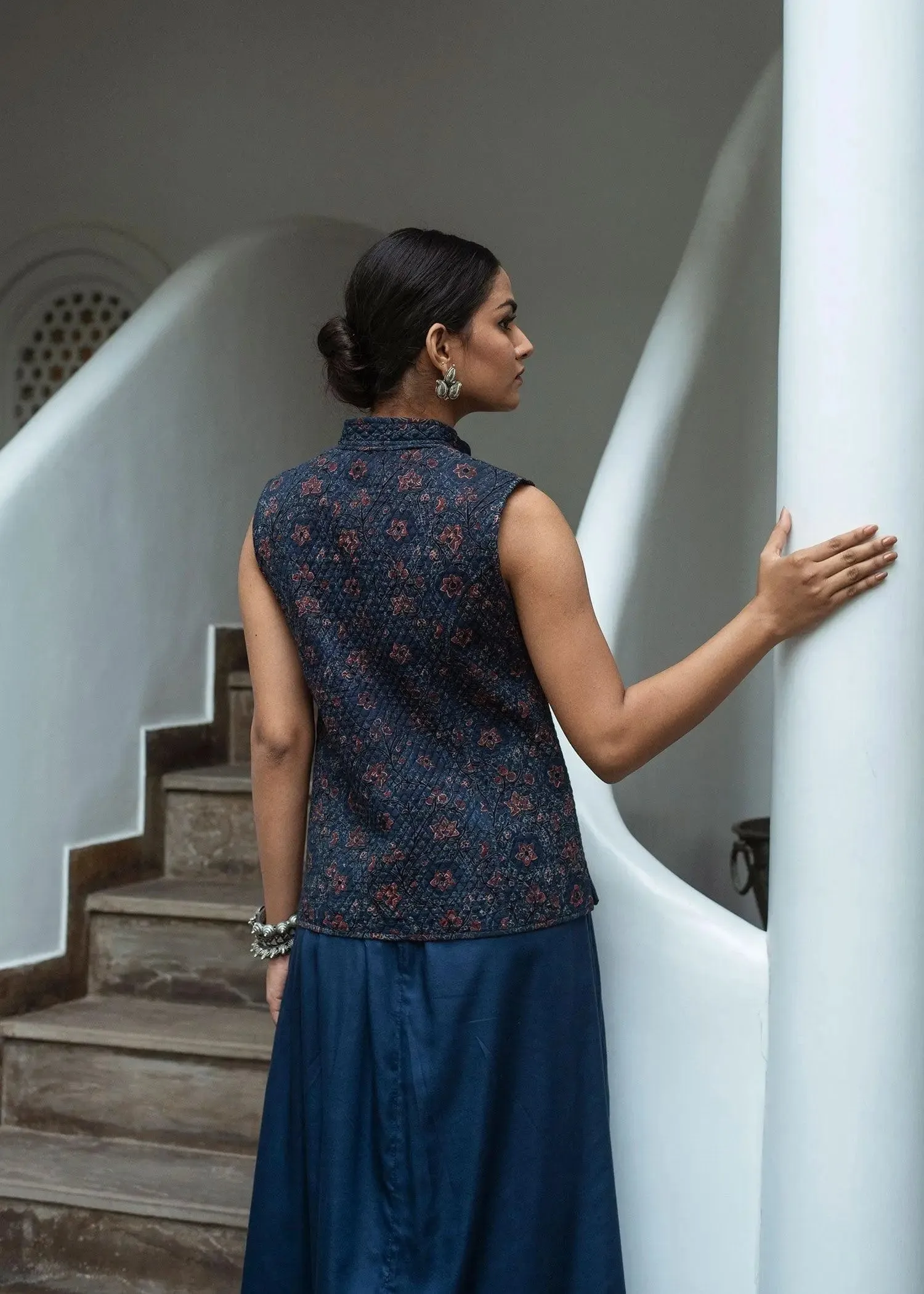 Anar Jaal Red and Blue Cotton Quilted Reversible Sleeveless Jacket