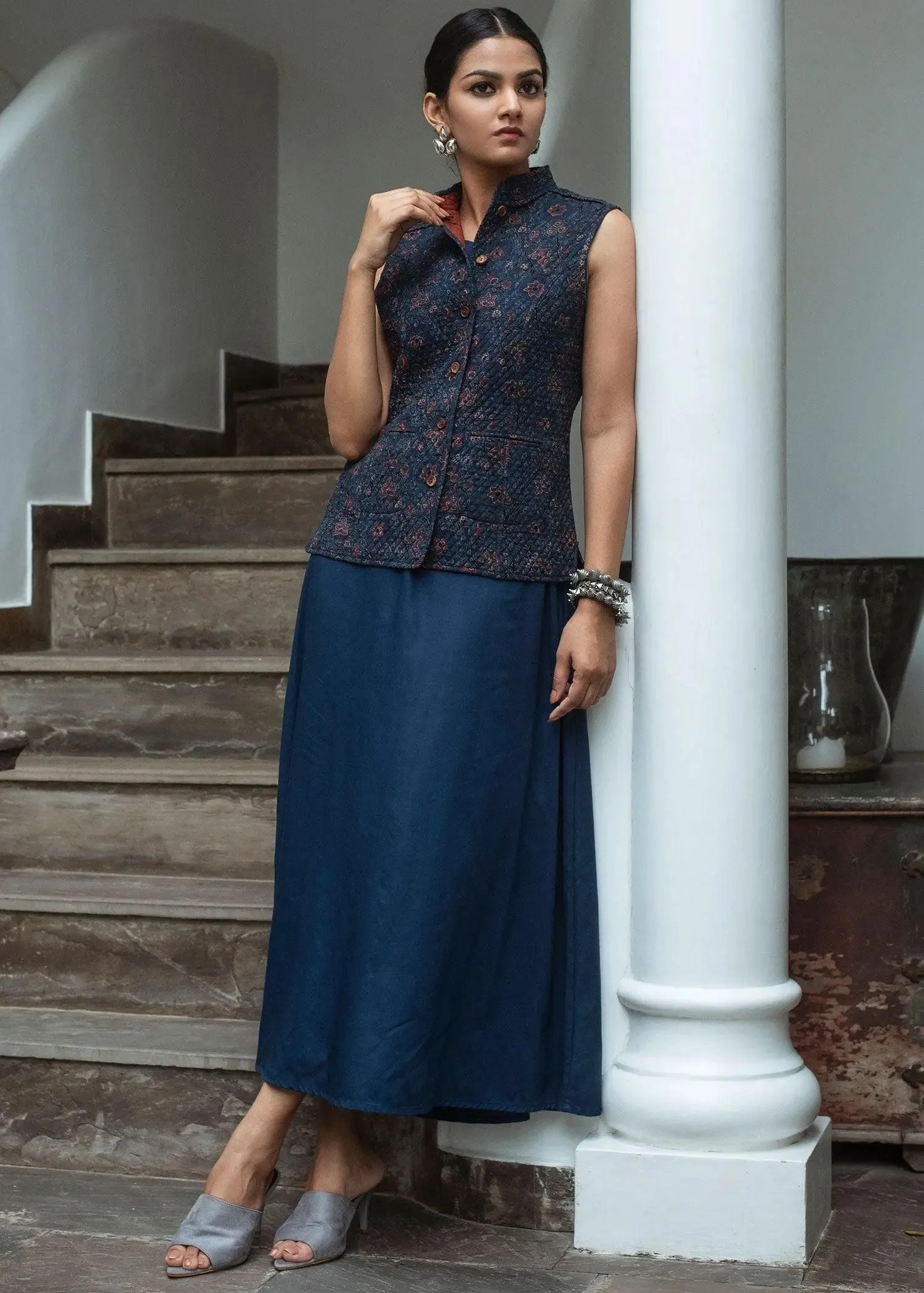 Anar Jaal Red and Blue Cotton Quilted Reversible Sleeveless Jacket