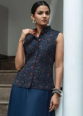 Anar Jaal Red and Blue Cotton Quilted Reversible Sleeveless Jacket