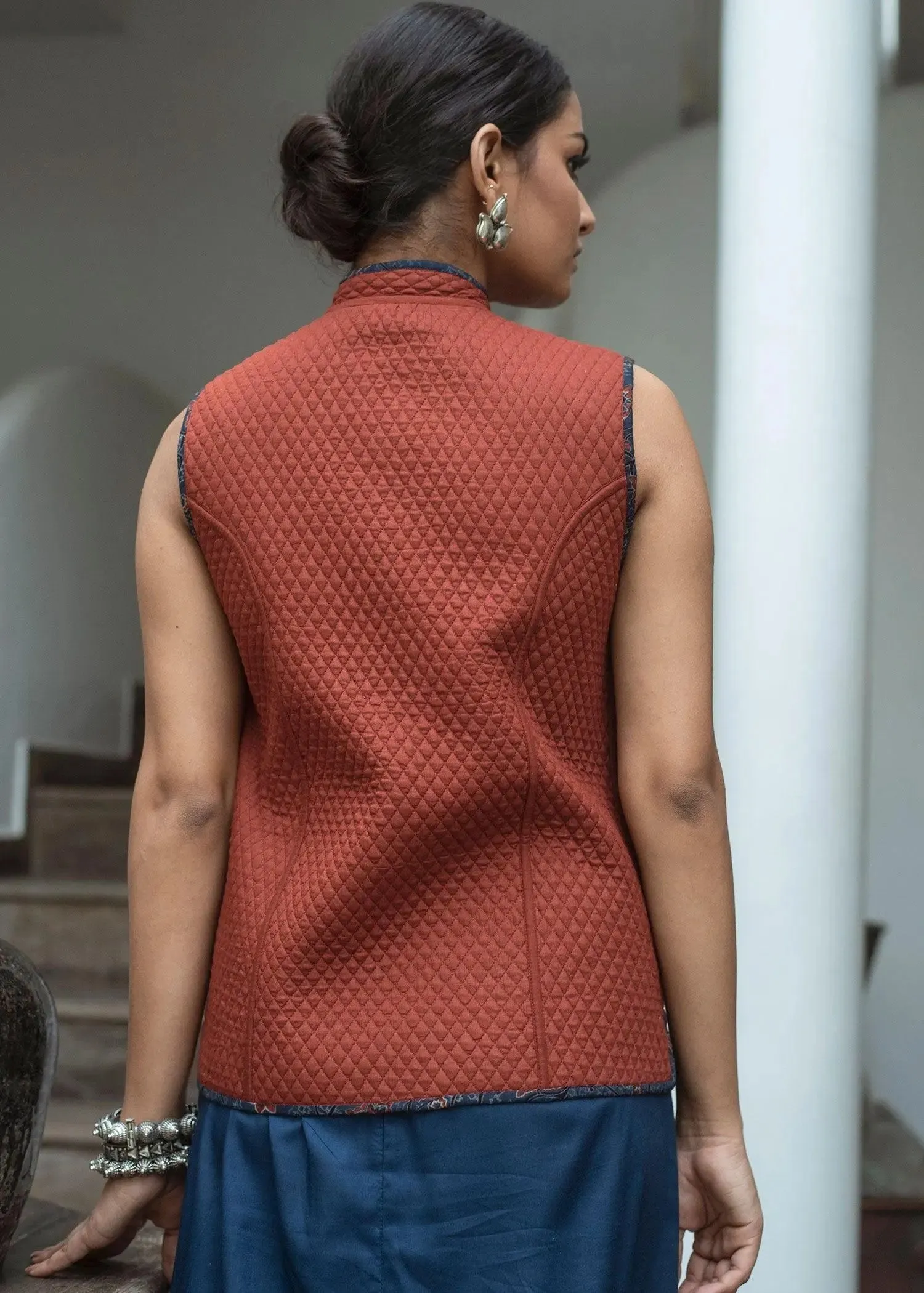 Anar Jaal Red and Blue Cotton Quilted Reversible Sleeveless Jacket