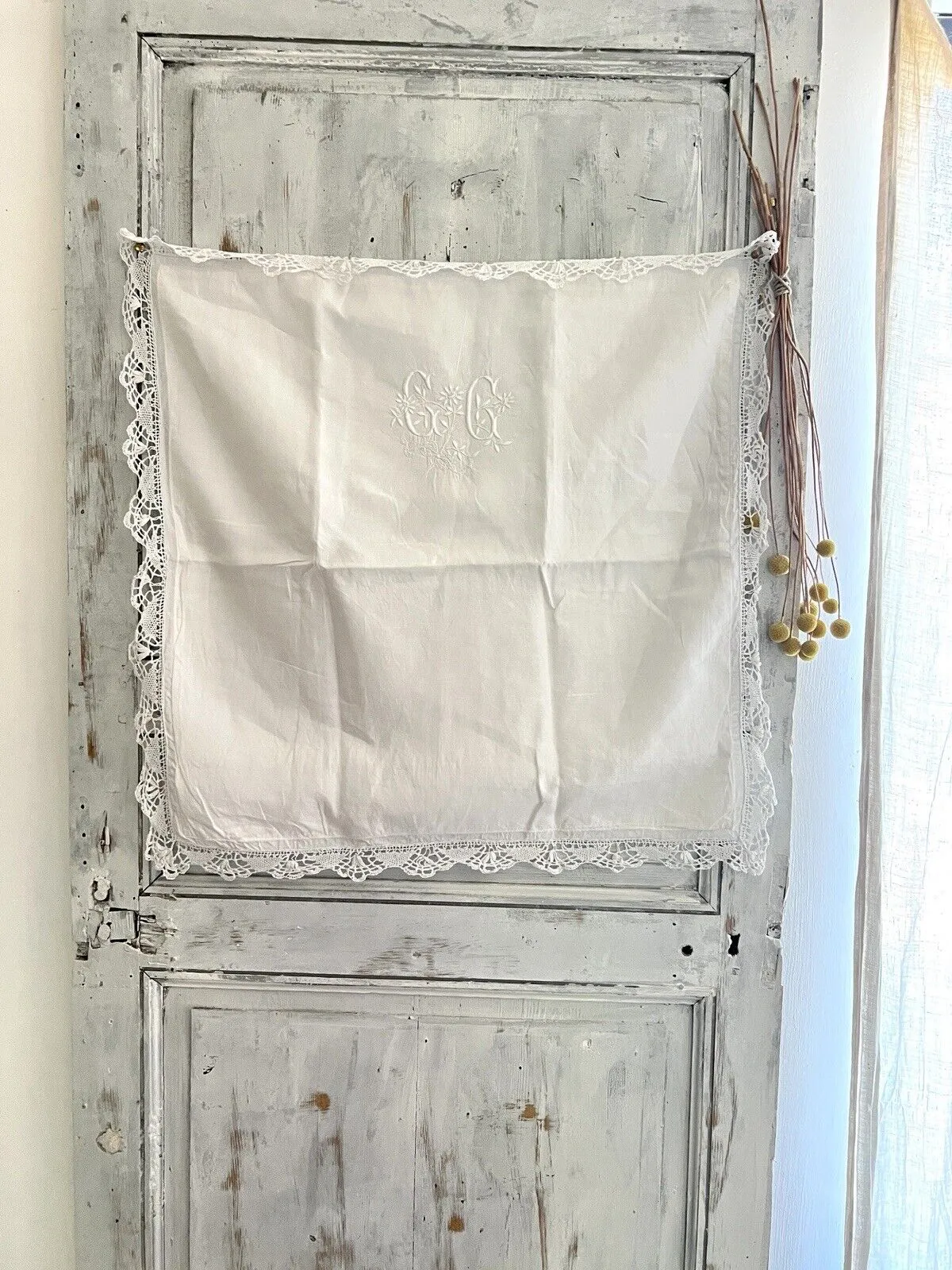 Antique French EMBROIDERED linen  FIL PILLOW SHAM lace TRIM CC mono c1900