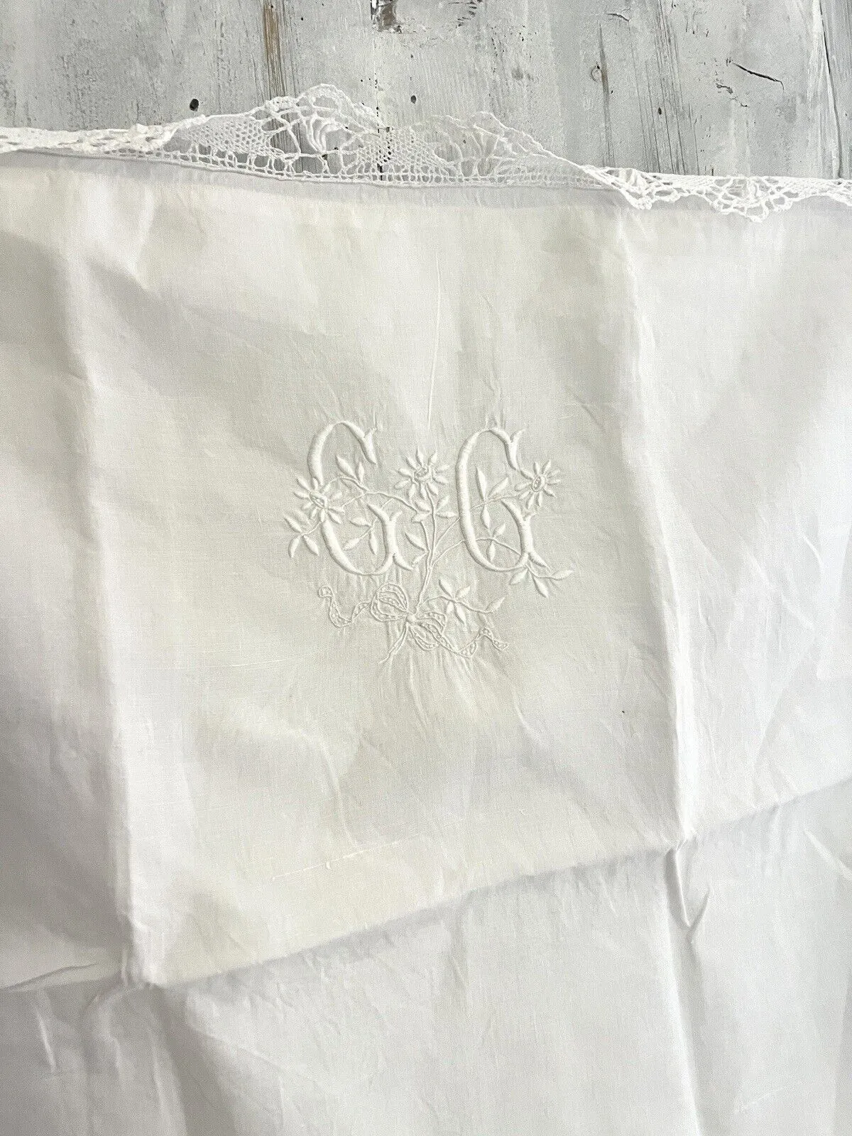 Antique French EMBROIDERED linen  FIL PILLOW SHAM lace TRIM CC mono c1900