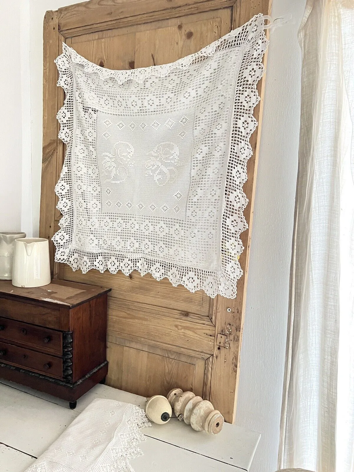 Antique French EMBROIDERED PAIR linen PILLOW SHAM FILET LACE LB mono c1900