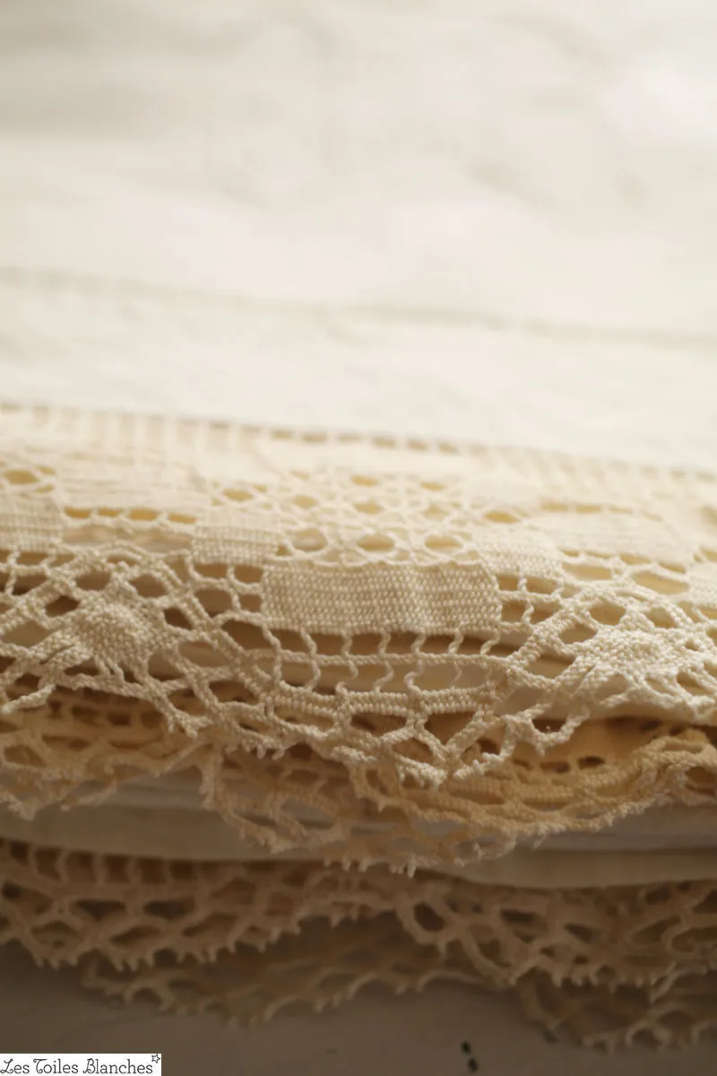 Antique French METIS bed sheet FILET LACE HEM GRm OPENWORK c1920