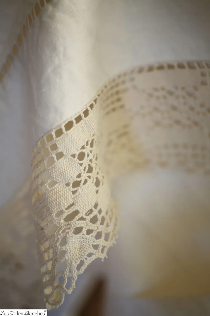 Antique French METIS bed sheet FILET LACE HEM GRm OPENWORK c1920