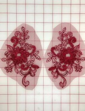 Applique - Beautiful Burgundy-Sequined Lace Motif Pairs