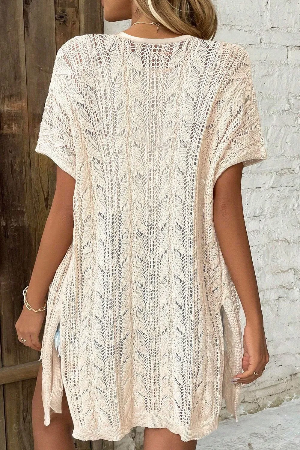 Apricot Vacation Hollowed Knit Short Sleeve Cardigan