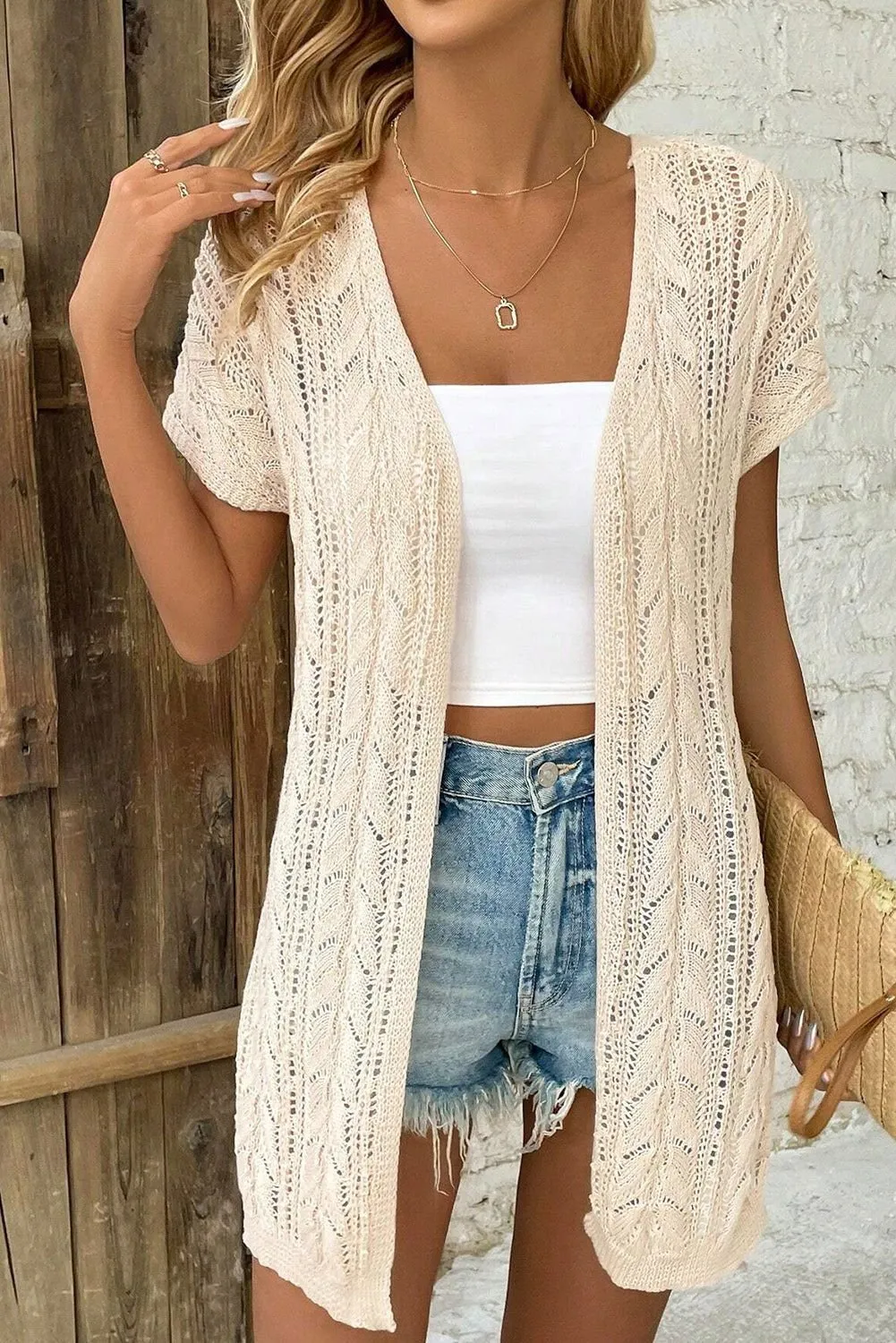 Apricot Vacation Hollowed Knit Short Sleeve Cardigan