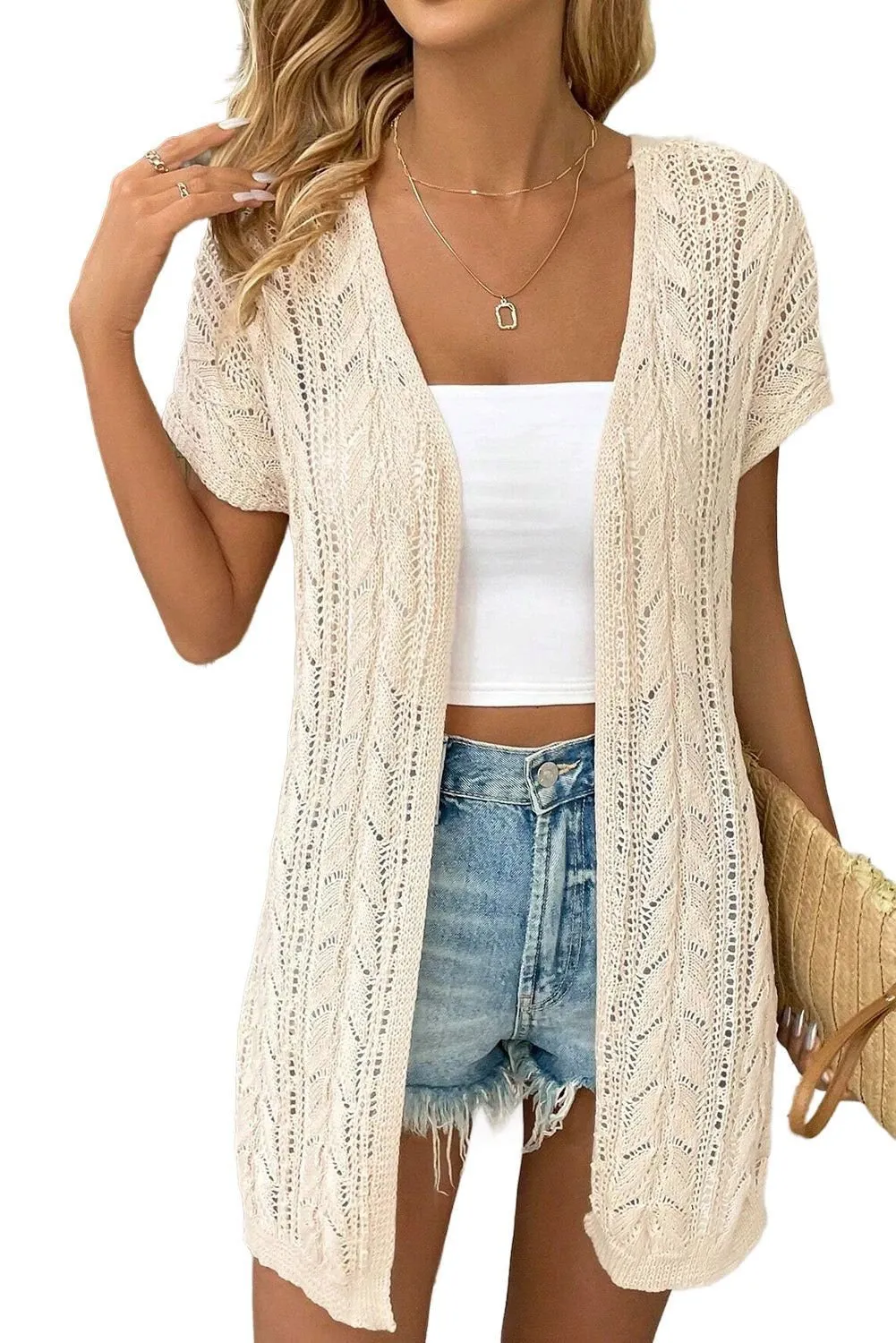 Apricot Vacation Hollowed Knit Short Sleeve Cardigan