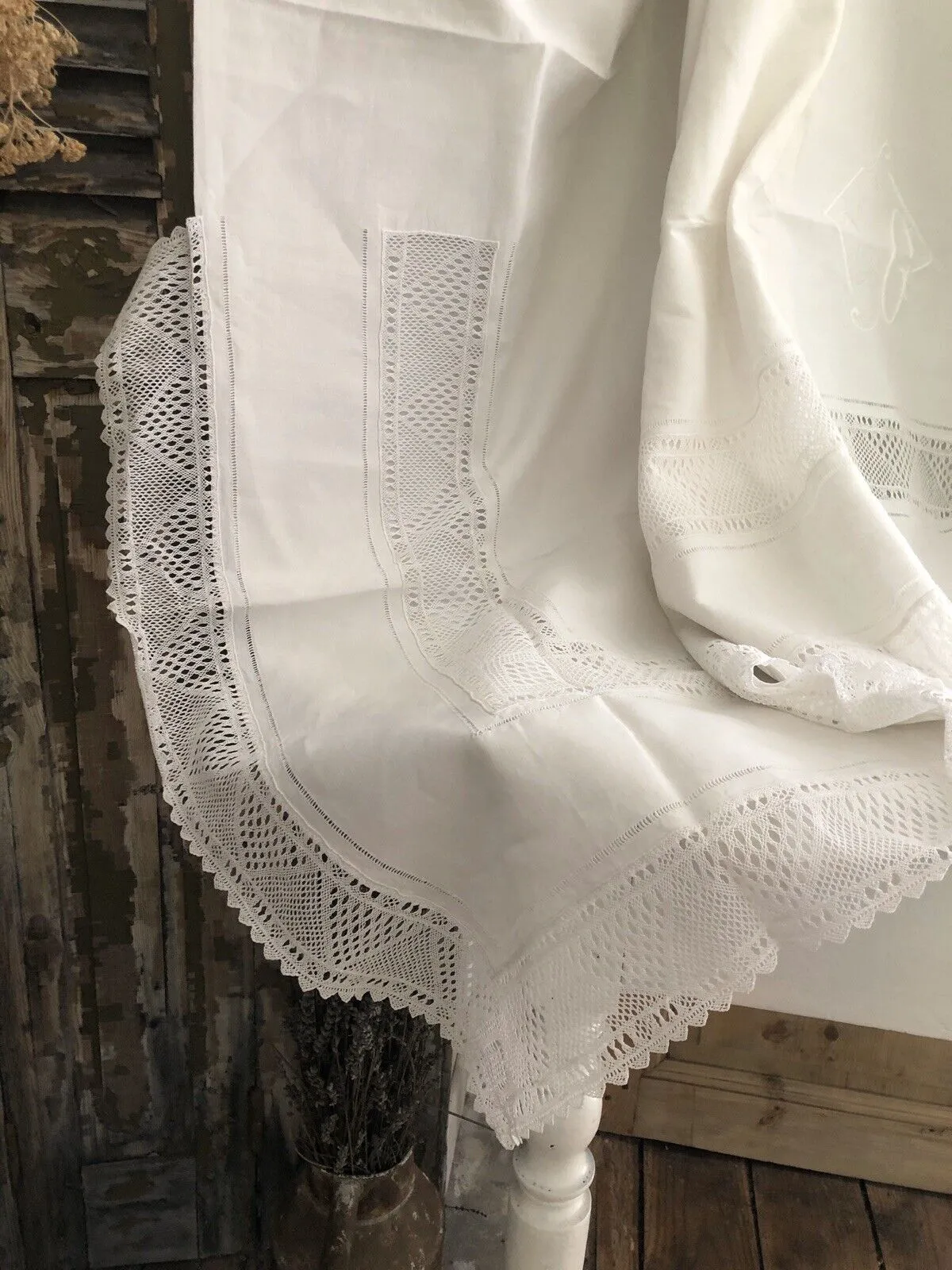 ART DECO French TROUSSEAU sheet FIL DE LIN entredeux FILET LACE CG mono c1930