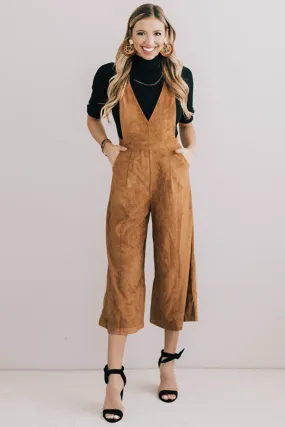 Autumn Getaway Faux Suede Jumpsuit in Camel