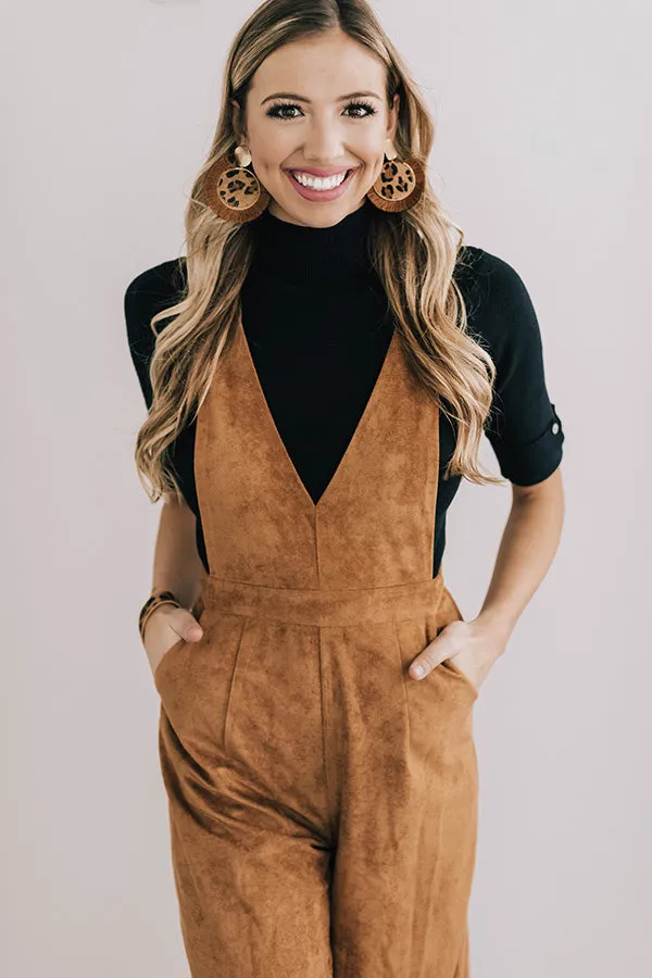 Autumn Getaway Faux Suede Jumpsuit in Camel