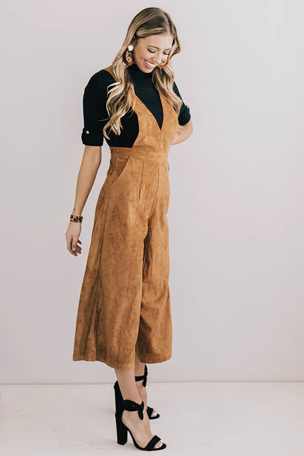 Autumn Getaway Faux Suede Jumpsuit in Camel
