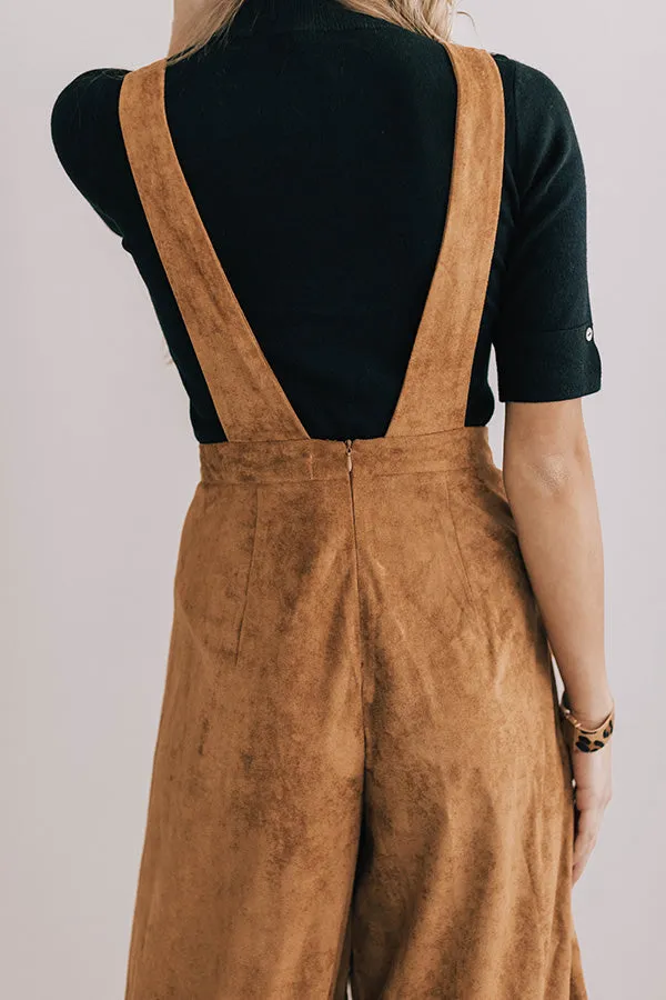 Autumn Getaway Faux Suede Jumpsuit in Camel