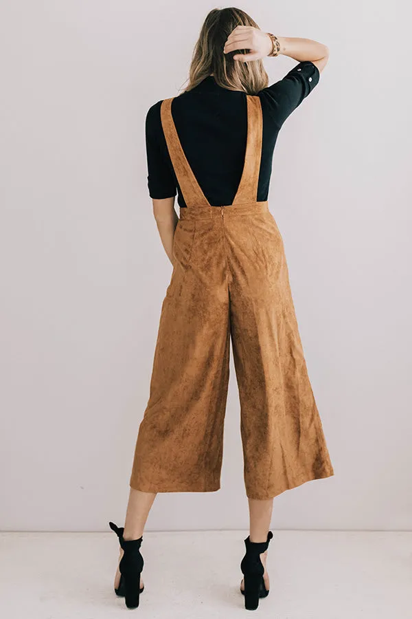 Autumn Getaway Faux Suede Jumpsuit in Camel