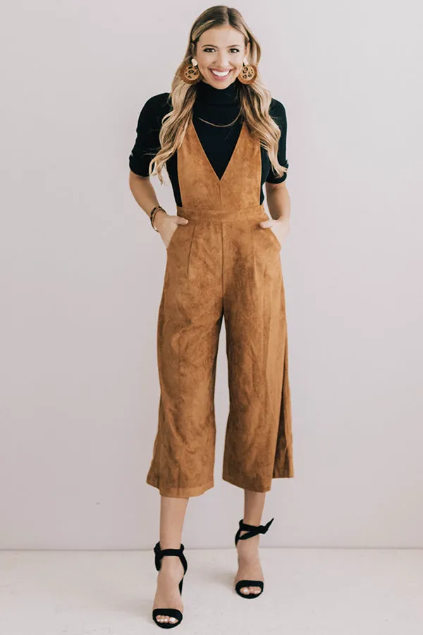 Autumn Getaway Faux Suede Jumpsuit in Camel