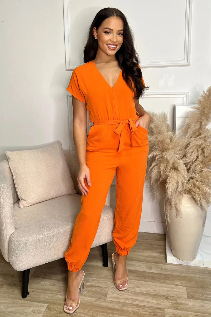AX PARIS BURNT ORANGE V NECK SHORT SLEEVE ELASTICATED CUFF JUMPSUIT