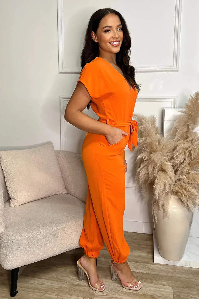 AX PARIS BURNT ORANGE V NECK SHORT SLEEVE ELASTICATED CUFF JUMPSUIT