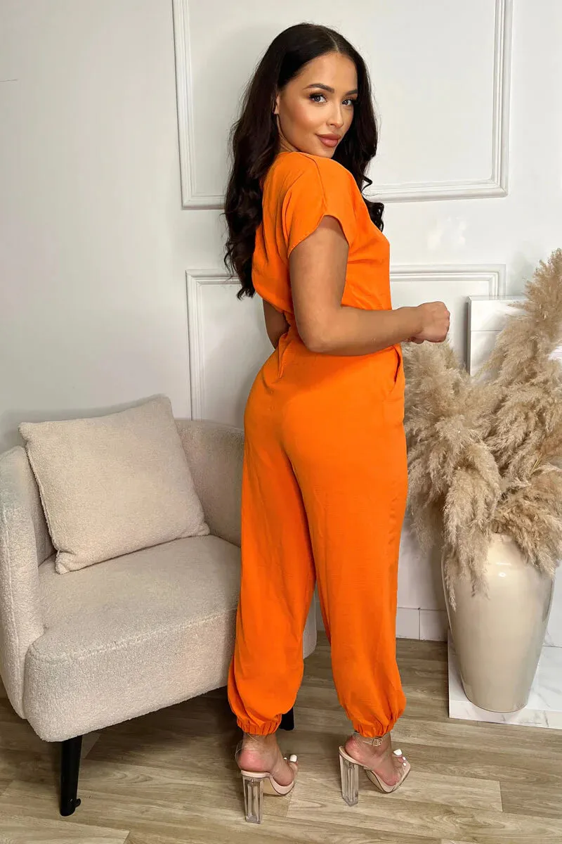 AX PARIS BURNT ORANGE V NECK SHORT SLEEVE ELASTICATED CUFF JUMPSUIT