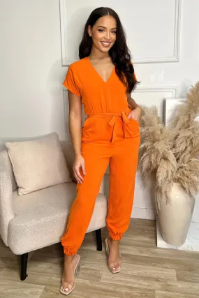 AX PARIS BURNT ORANGE V NECK SHORT SLEEVE ELASTICATED CUFF JUMPSUIT