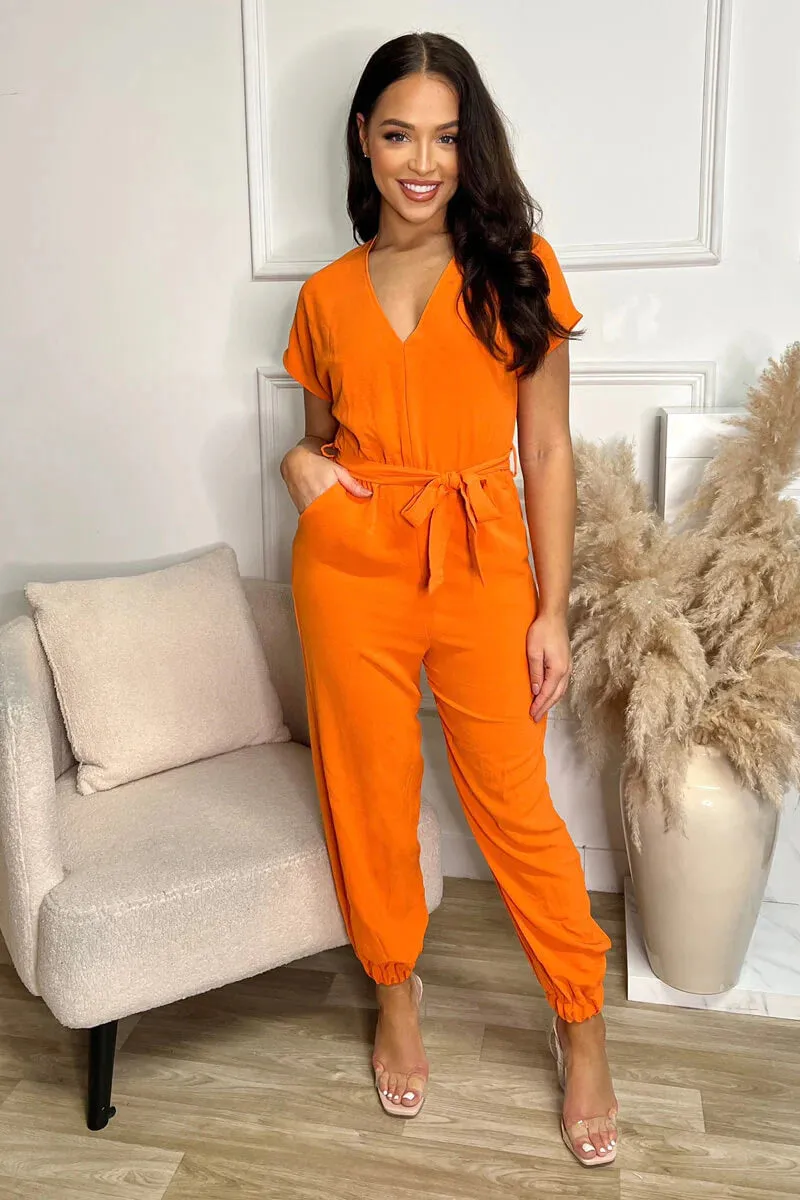 AX PARIS BURNT ORANGE V NECK SHORT SLEEVE ELASTICATED CUFF JUMPSUIT