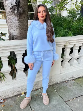 Baby Blue Premium Faux Fur Trim Hood & Cuff Jogger Tracksuit