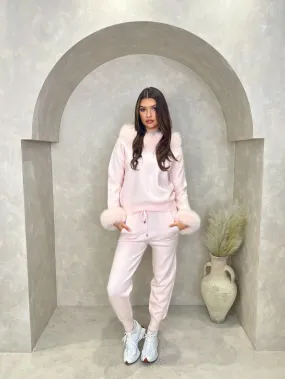 Baby Pink Luxury Fur Trim Hood & Cuff Jogger Tracksuit