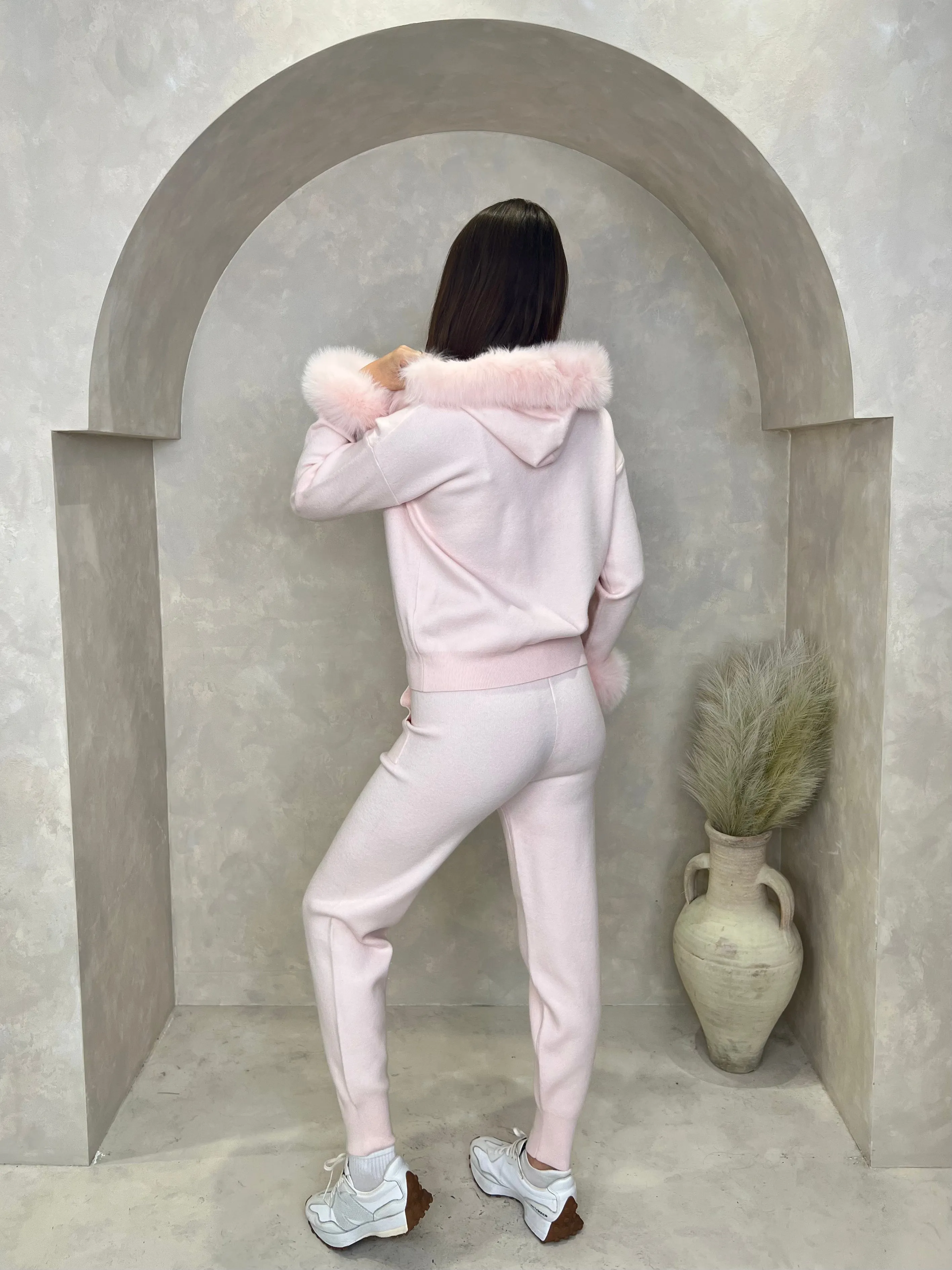 Baby Pink Luxury Fur Trim Hood & Cuff Jogger Tracksuit