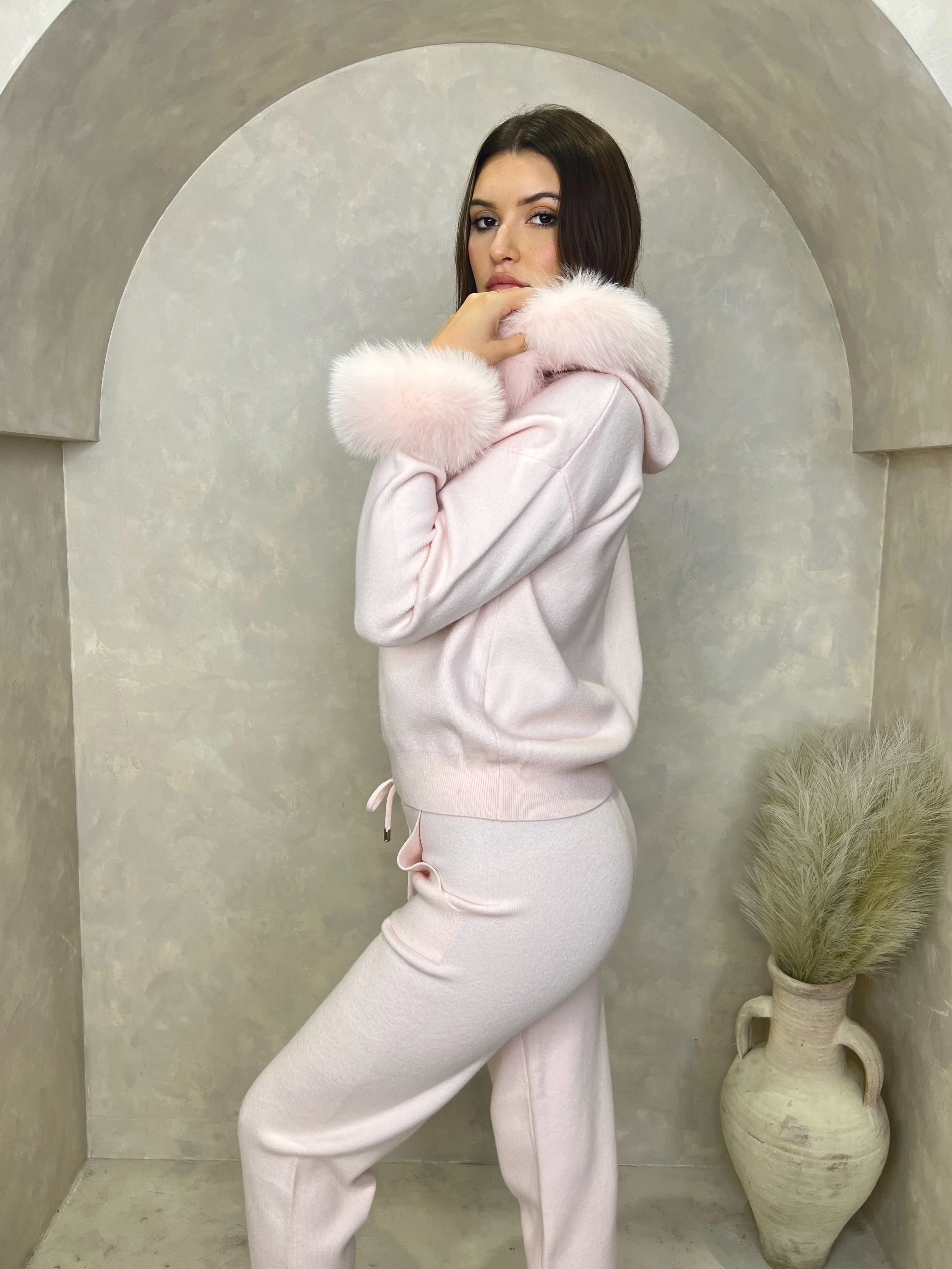 Baby Pink Luxury Fur Trim Hood & Cuff Jogger Tracksuit