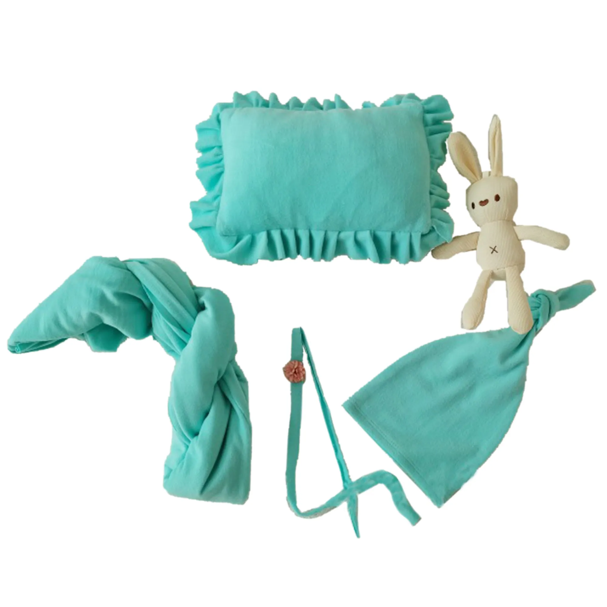 Babymoon Set of 5 | Stretchable Wrap, Cap, Pillow, Toy and Hairband | Baby Photography Props | Blue