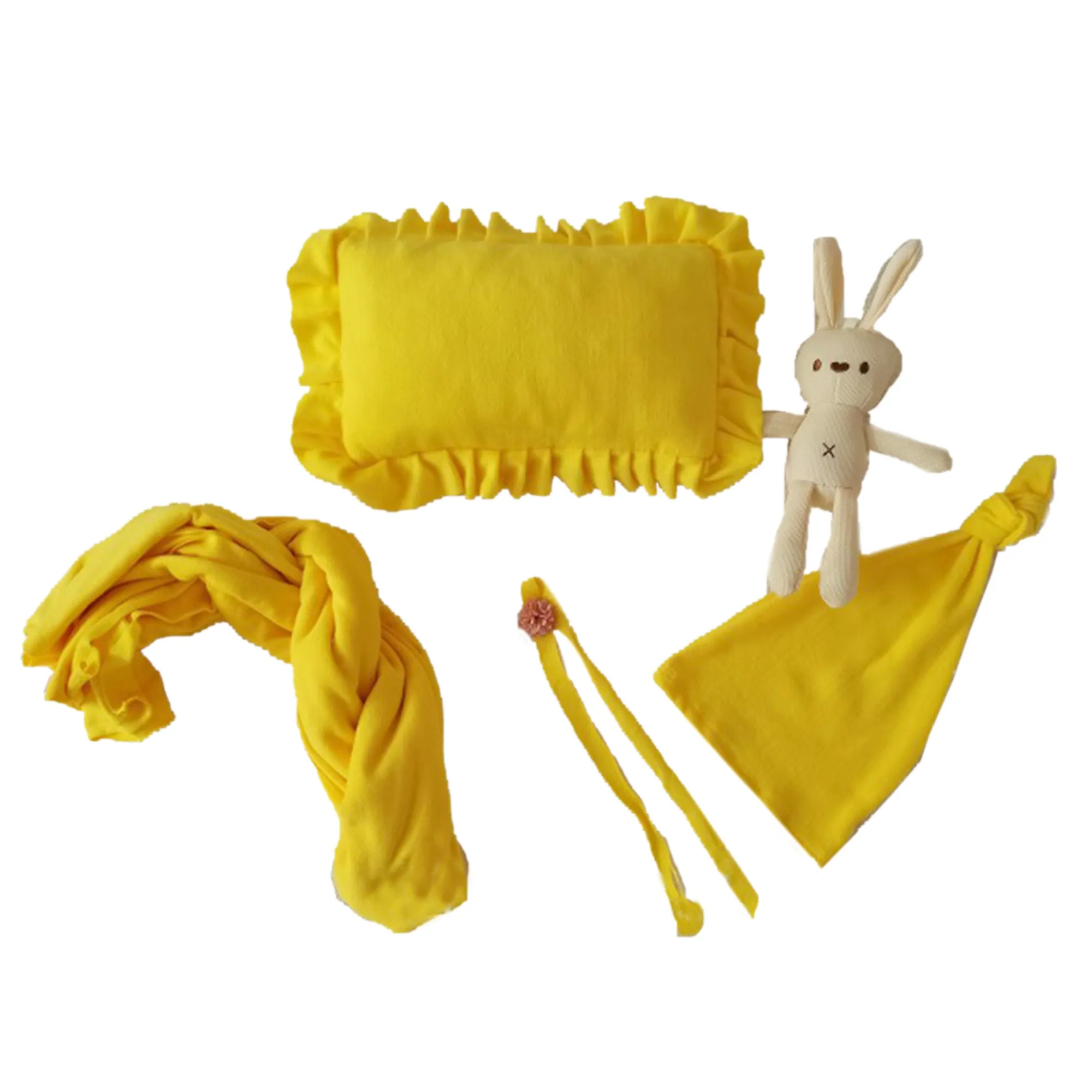 Babymoon Set of 5 | Stretchable Wrap, Cap, Pillow, Toy and Hairband | Baby Photography Props | Yellow