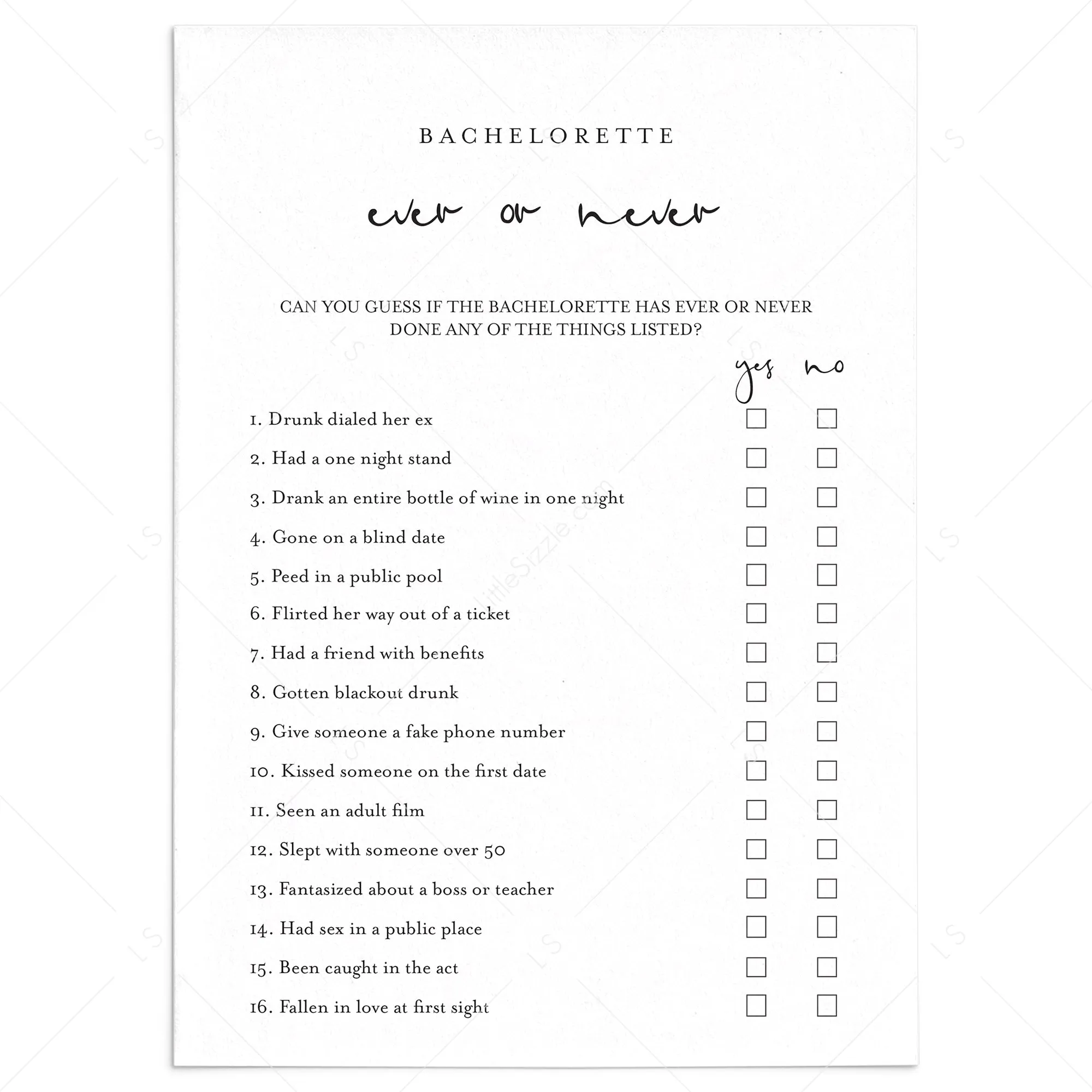 Bachelorette Ever or Never Game Printable